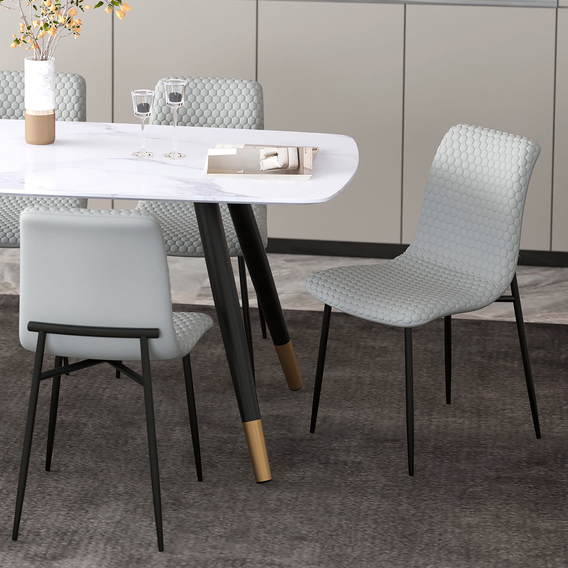 Brixx Side Chair - Light Grey PU Hexagon Stitched Dining Chair-DECOROLALA