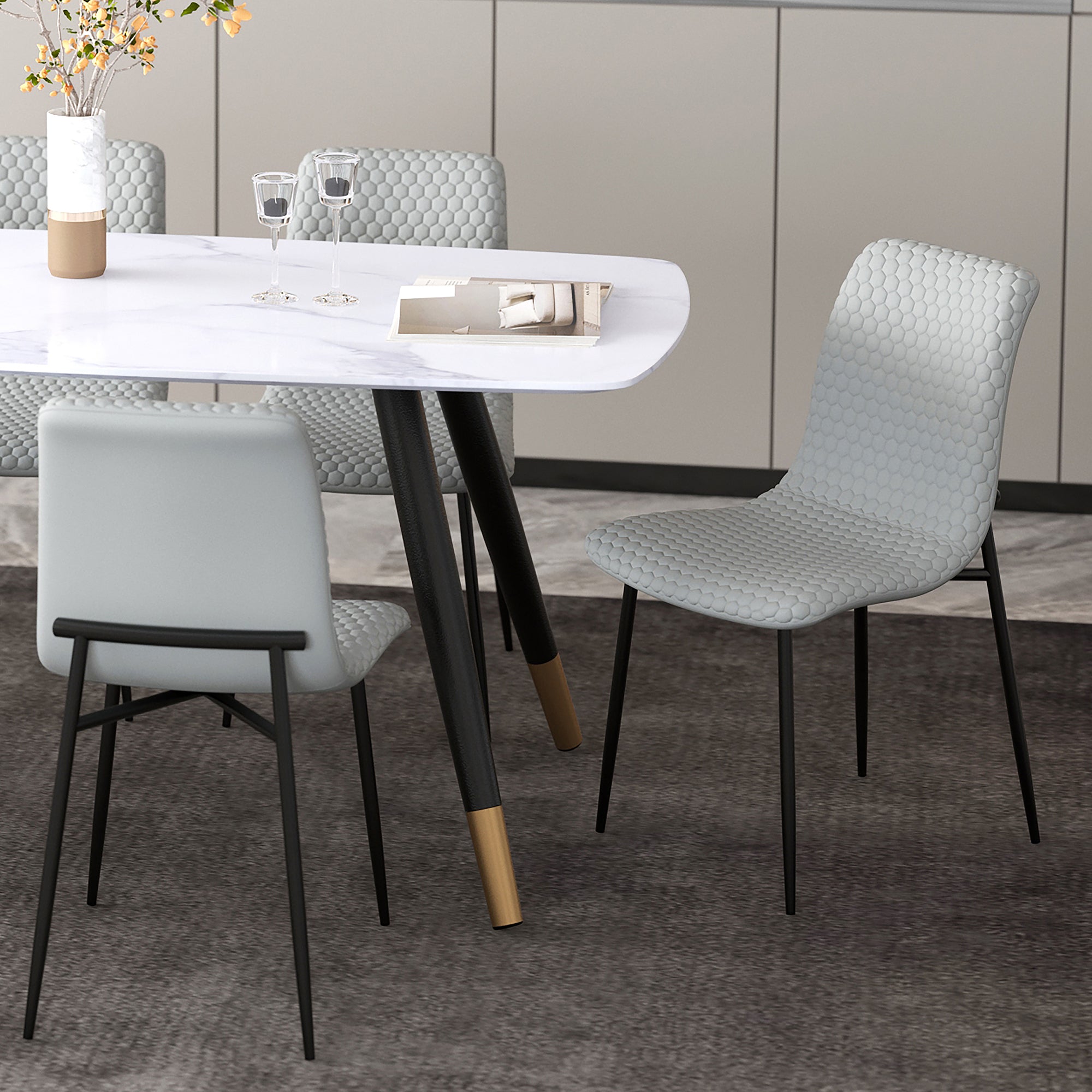 Brixx Side Chair - Light Grey PU Hexagon Stitched Dining Chair-DECOROLALA