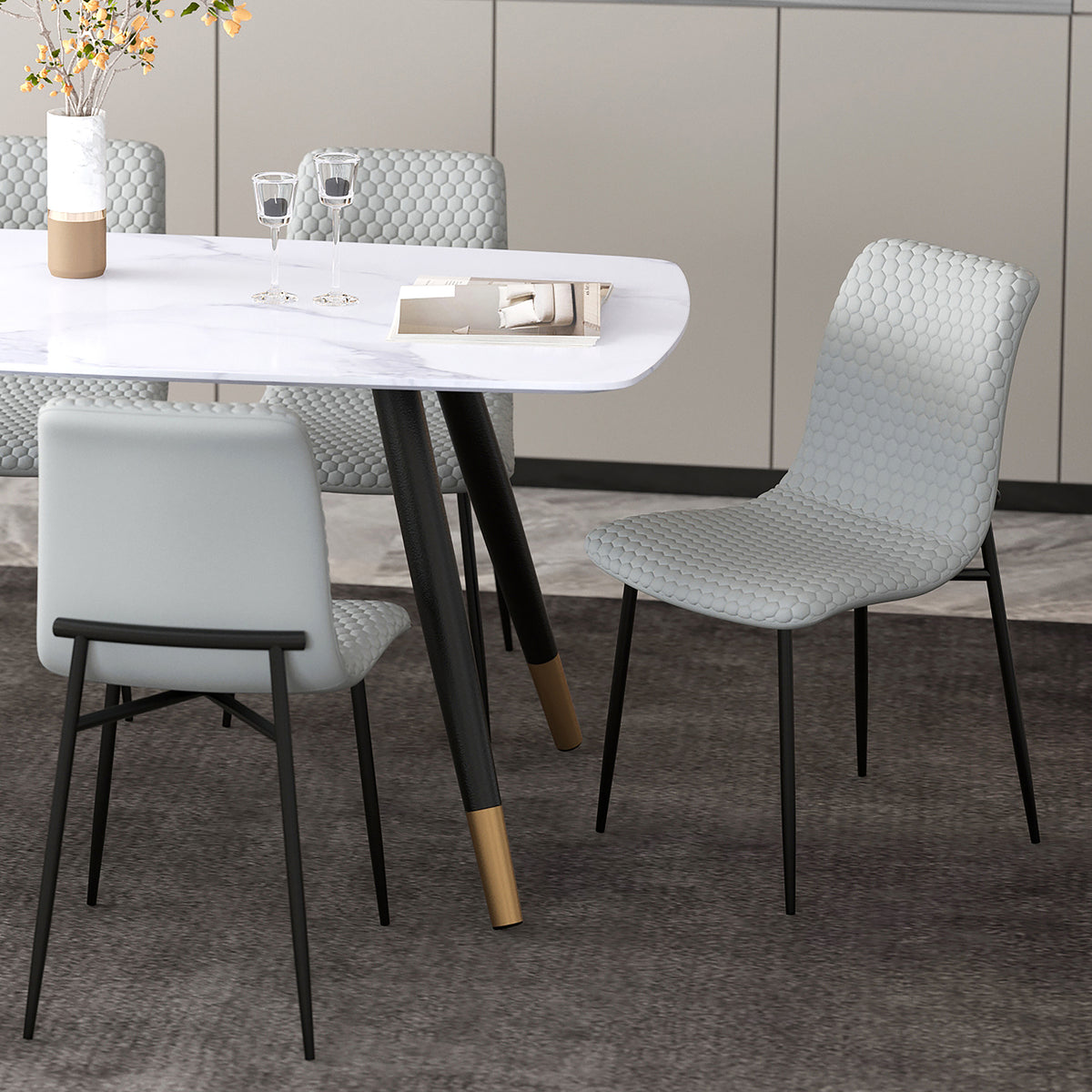 Brixx Side Chair - Light Grey PU Hexagon Stitched Dining Chair-DECOROLALA