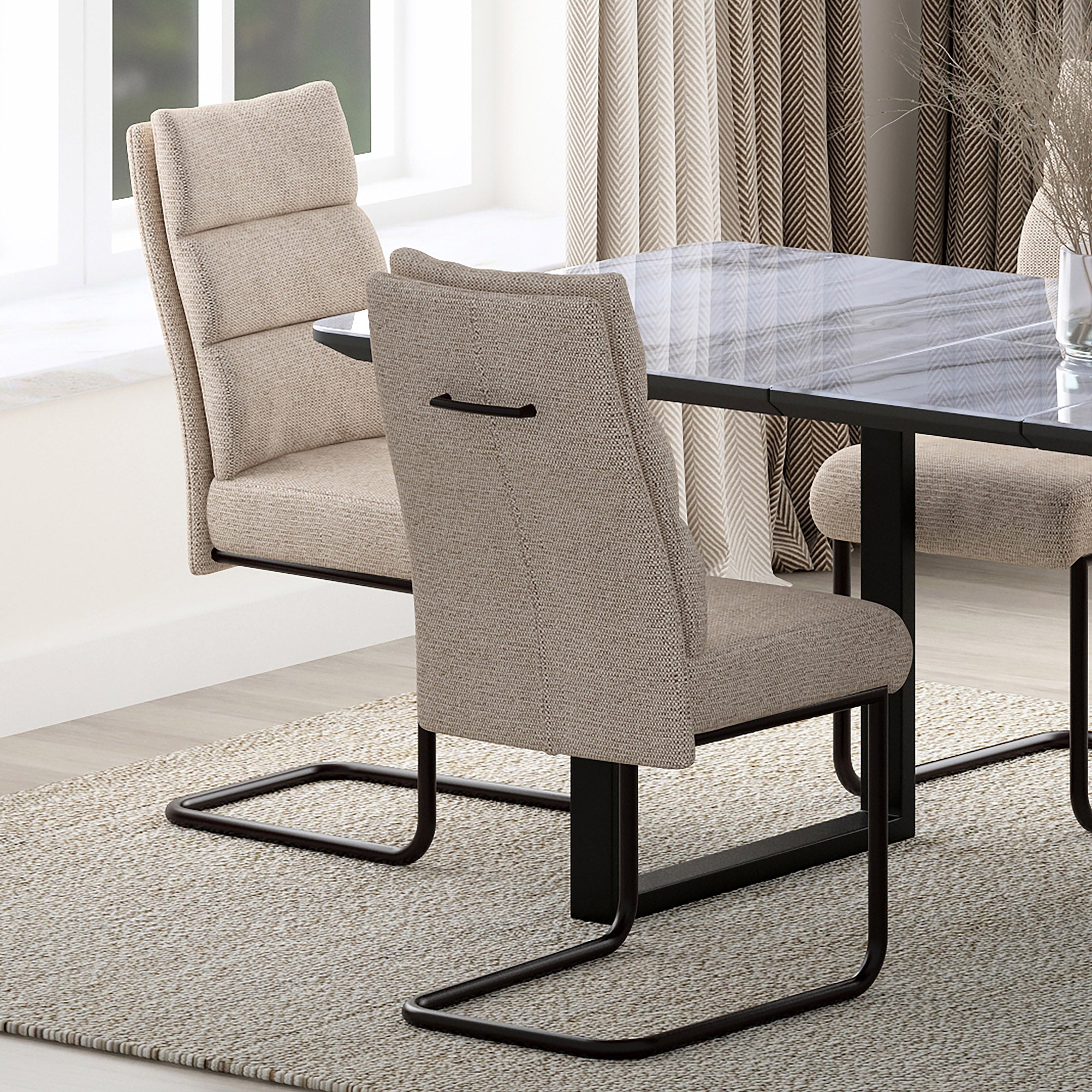 Brodi Dining Chair - Beige Textured Fabric with Metal Handle-DECOROLALA