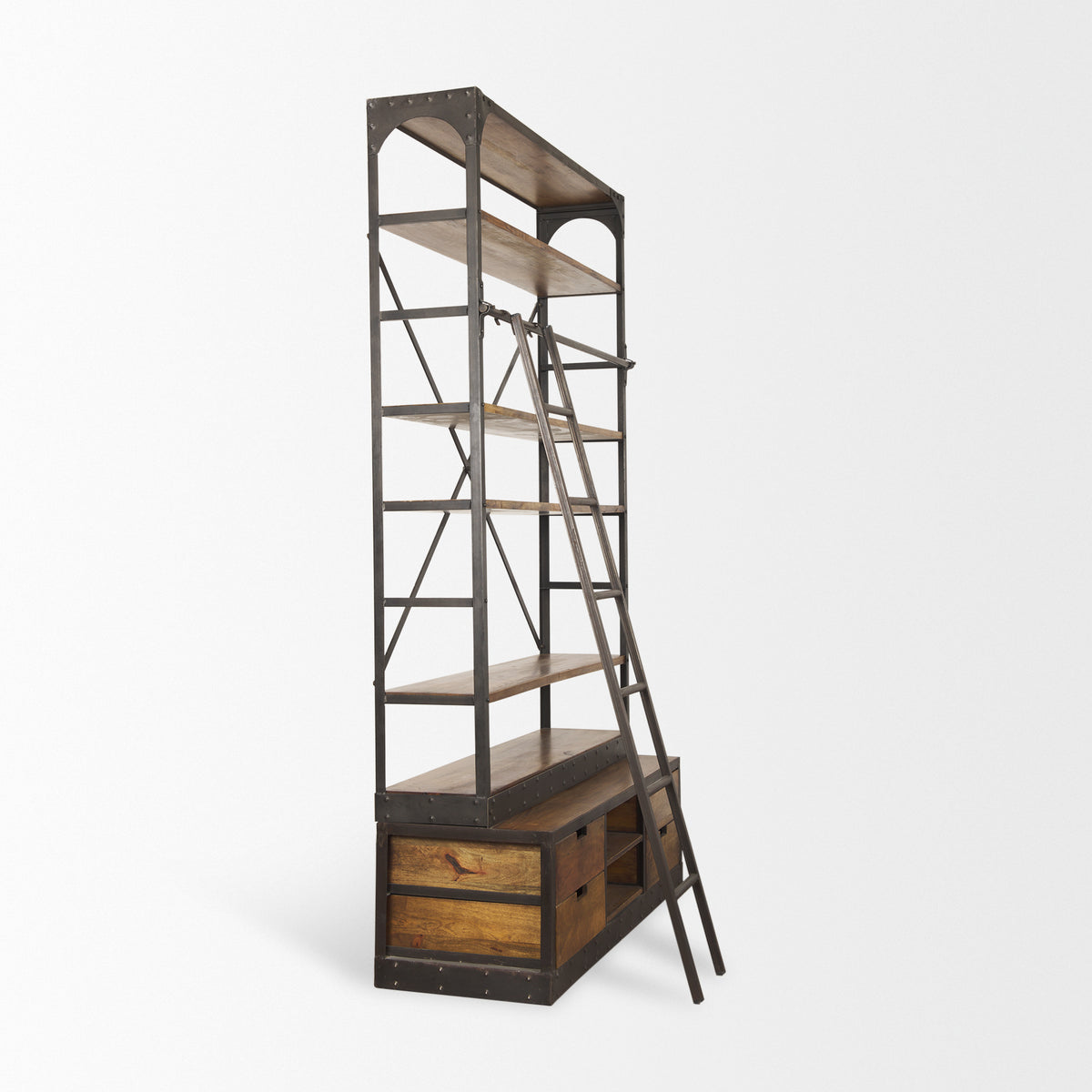 Brodie II Medium Brown Wood Ladder Four Shelf Shelving Unit 57L x 20.5W x94H-Shelving-DECOROLALA