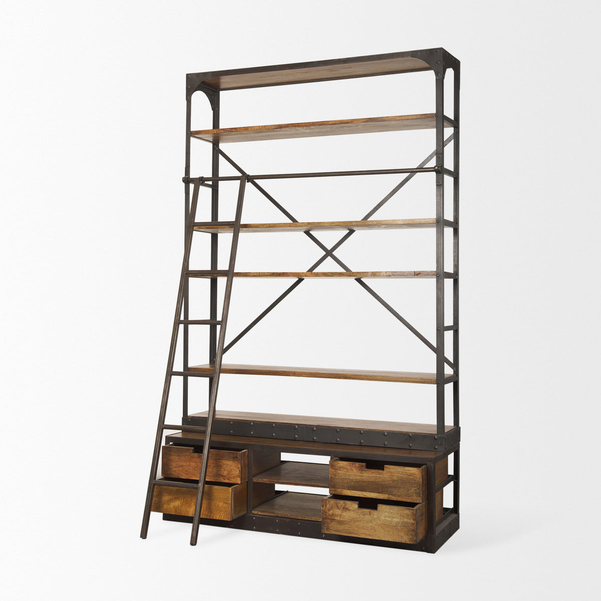 Brodie II Medium Brown Wood Ladder Four Shelf Shelving Unit 57L x 20.5W x94H-Shelving-DECOROLALA
