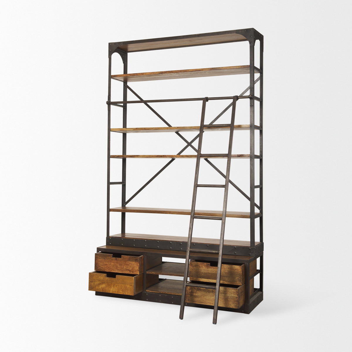 Brodie II Medium Brown Wood Ladder Four Shelf Shelving Unit 57L x 20.5W x94H-Shelving-DECOROLALA