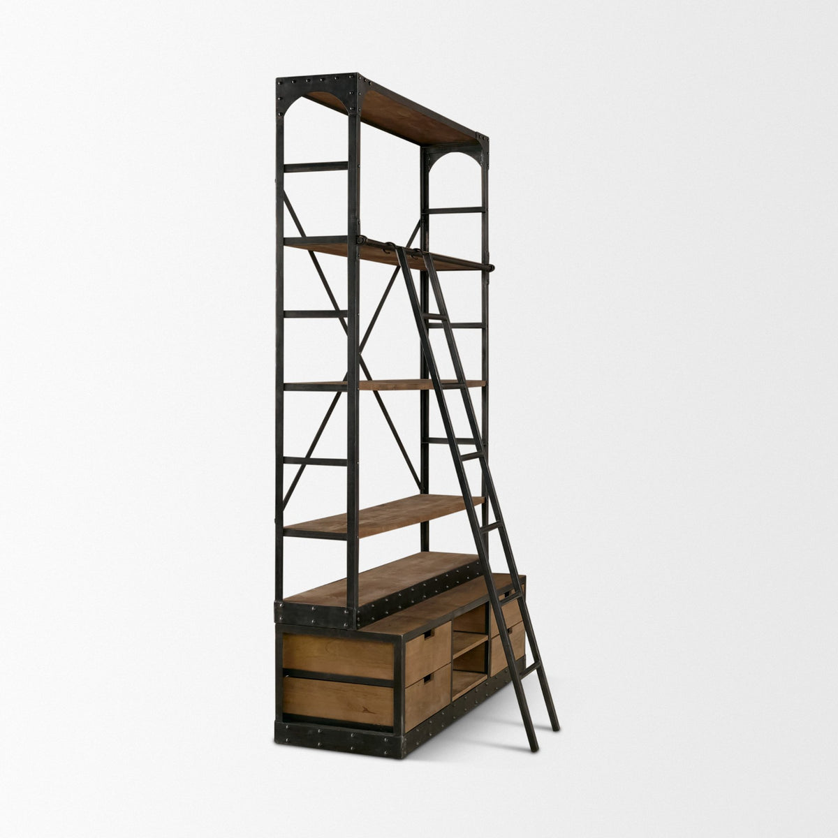 Brodie II Medium Brown Wood Ladder Four Shelf Shelving Unit 57L x 20.5W x94H-Shelving-DECOROLALA