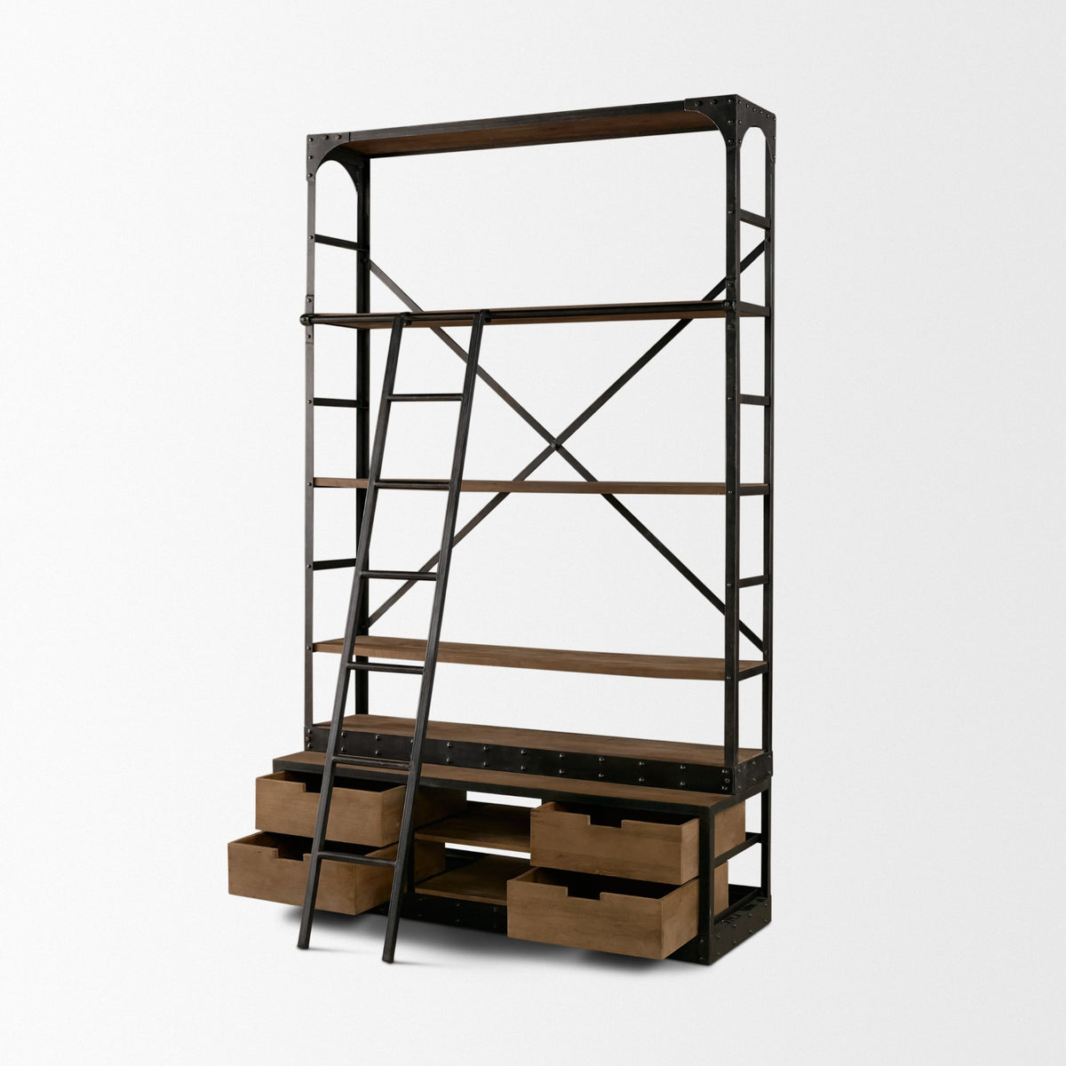 Brodie II Medium Brown Wood Ladder Four Shelf Shelving Unit 57L x 20.5W x94H-Shelving-DECOROLALA