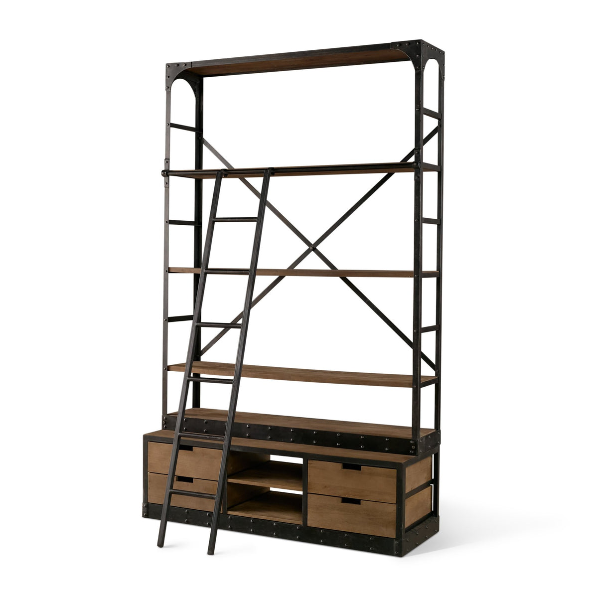 Brodie II Medium Brown Wood Ladder Four Shelf Shelving Unit 57L x 20.5W x94H-Shelving-DECOROLALA