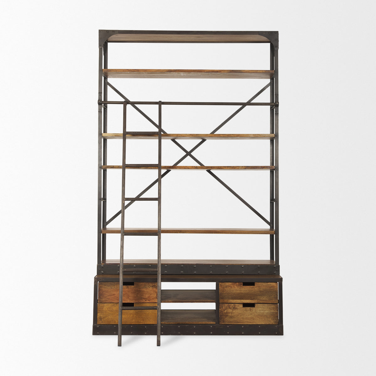 Brodie II Medium Brown Wood Ladder Four Shelf Shelving Unit 57L x 20.5W x94H-Shelving-DECOROLALA