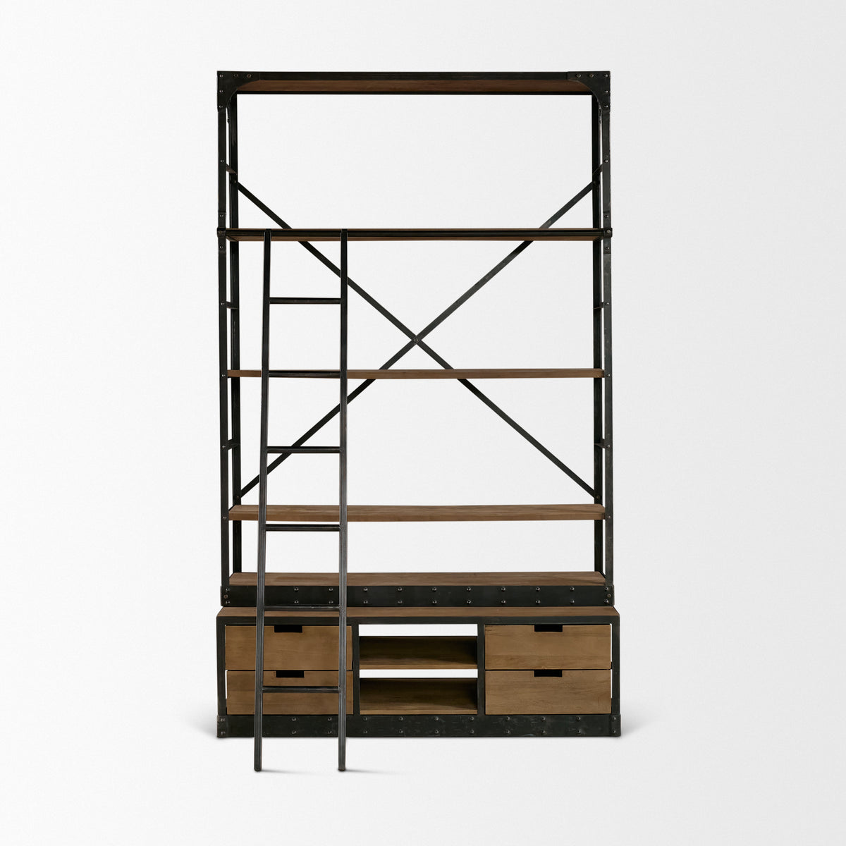 Brodie II Medium Brown Wood Ladder Four Shelf Shelving Unit 57L x 20.5W x94H-Shelving-DECOROLALA