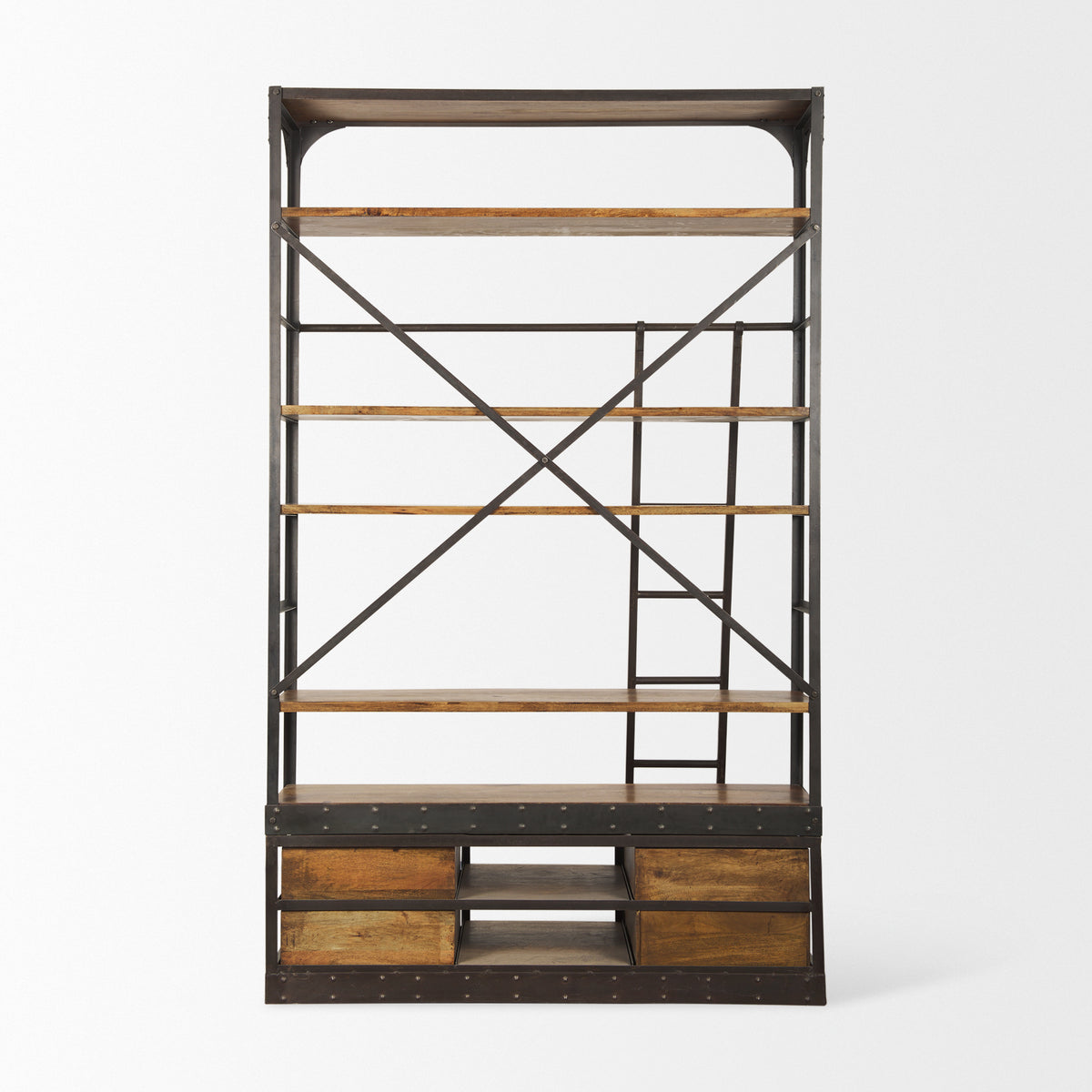 Brodie II Medium Brown Wood Ladder Four Shelf Shelving Unit 57L x 20.5W x94H-Shelving-DECOROLALA