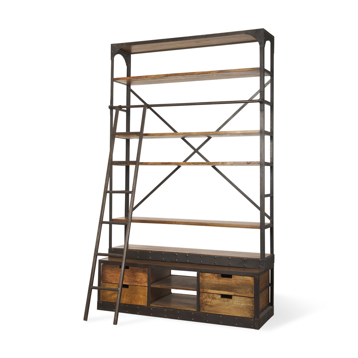 Brodie II Medium Brown Wood Ladder Four Shelf Shelving Unit 57L x 20.5W x94H-Shelving-DECOROLALA