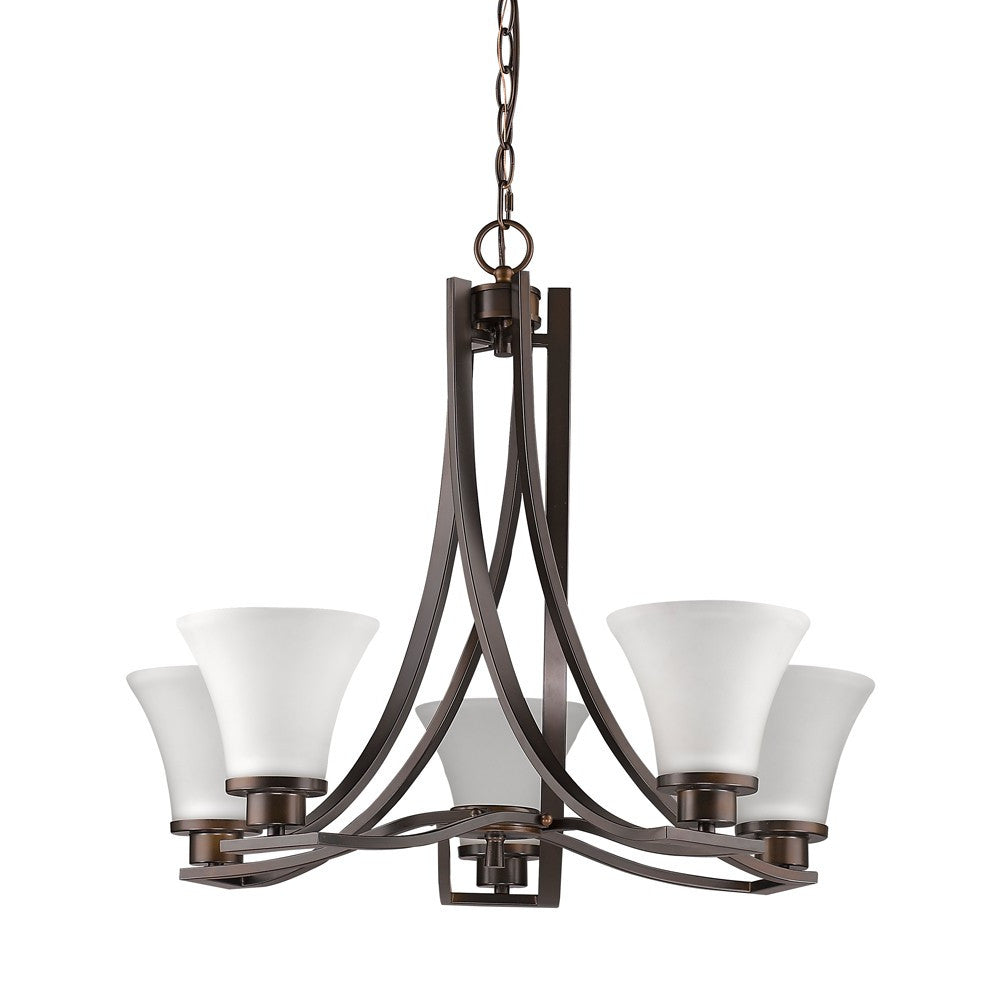 Bronze Candle Style Five Light Frosted Metal Dimmable Chandelier With White Shades-Chandeliers-DECOROLALA