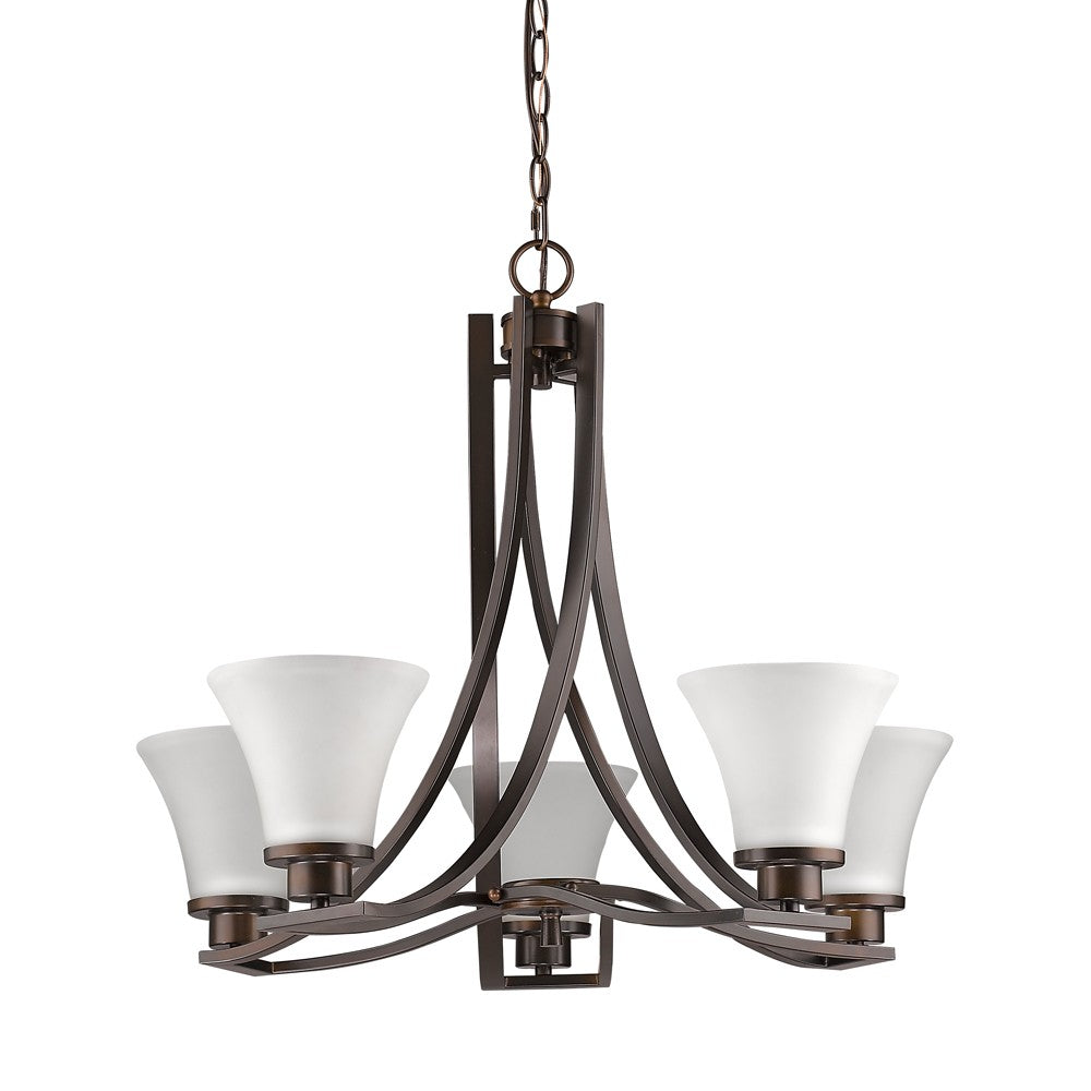 Bronze Candle Style Five Light Frosted Metal Dimmable Chandelier With White Shades-Chandeliers-DECOROLALA
