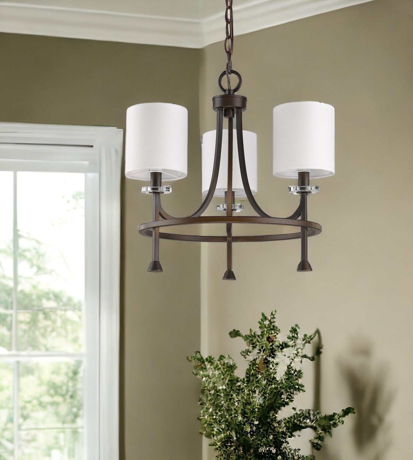 Bronze Candle Style Three Light Metal Dimmable Chandelier With White Shades-Chandeliers-DECOROLALA