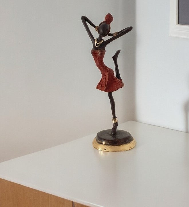 Bronze Figurine of an African Dancer in Red Dress-Sculptures-DECOROLALA