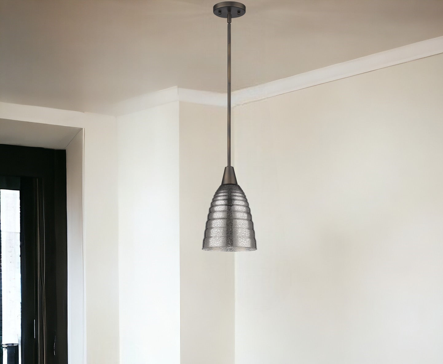 Bronze Hanging Light with Ribbed Pebbled Glass Shade-Chandeliers-DECOROLALA