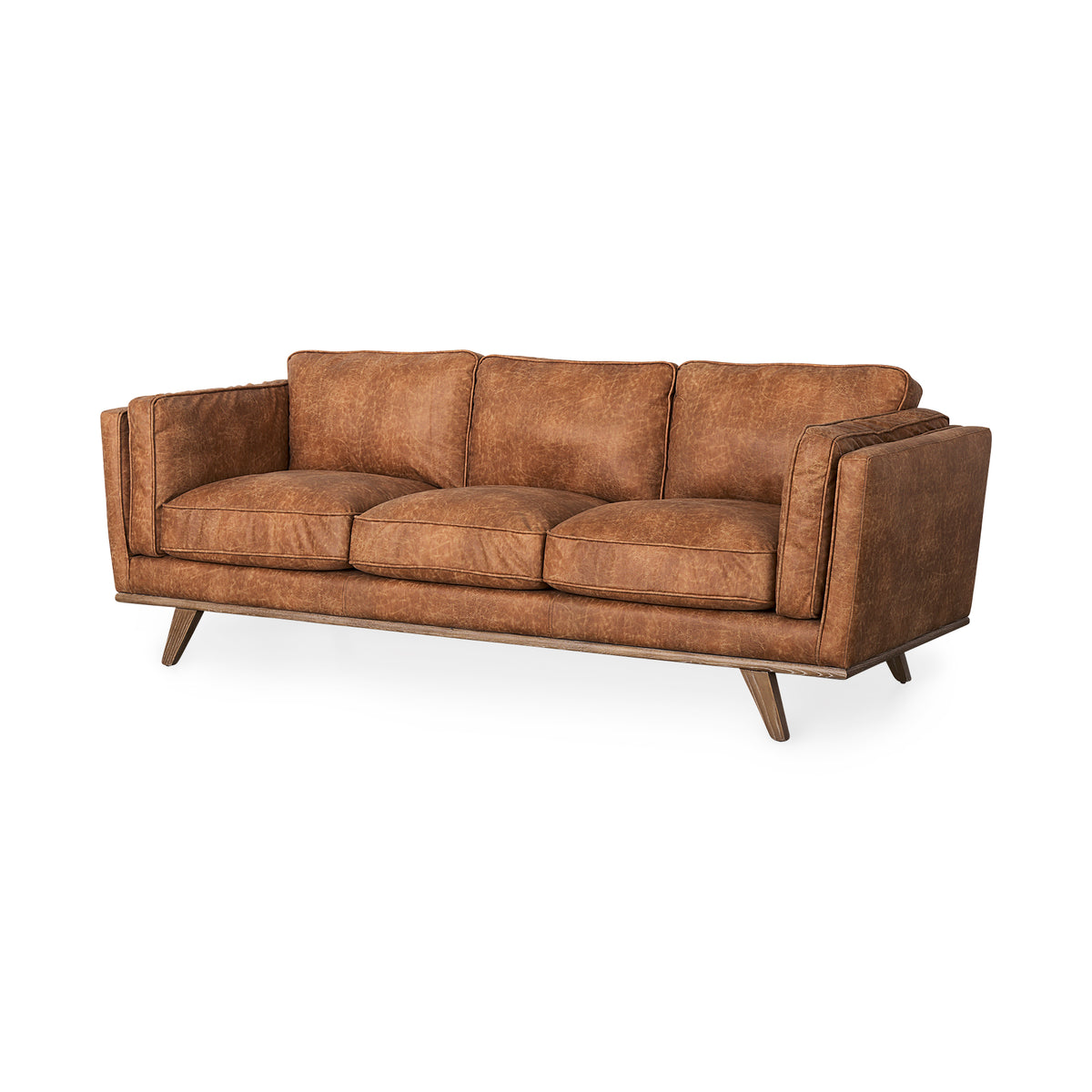 Brooks 90.2L x 34.8W x 33.5H Cognac Brown Faux Leather Three Seater Sofa W/ Medium Brown Wooden Legs-Sofa & Sectionals-DECOROLALA