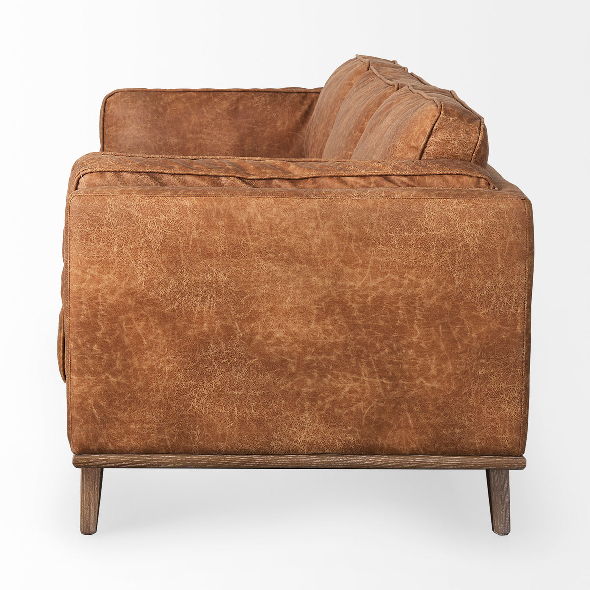 Brooks 90.2L x 34.8W x 33.5H Cognac Brown Faux Leather Three Seater Sofa W/ Medium Brown Wooden Legs-Sofa & Sectionals-DECOROLALA