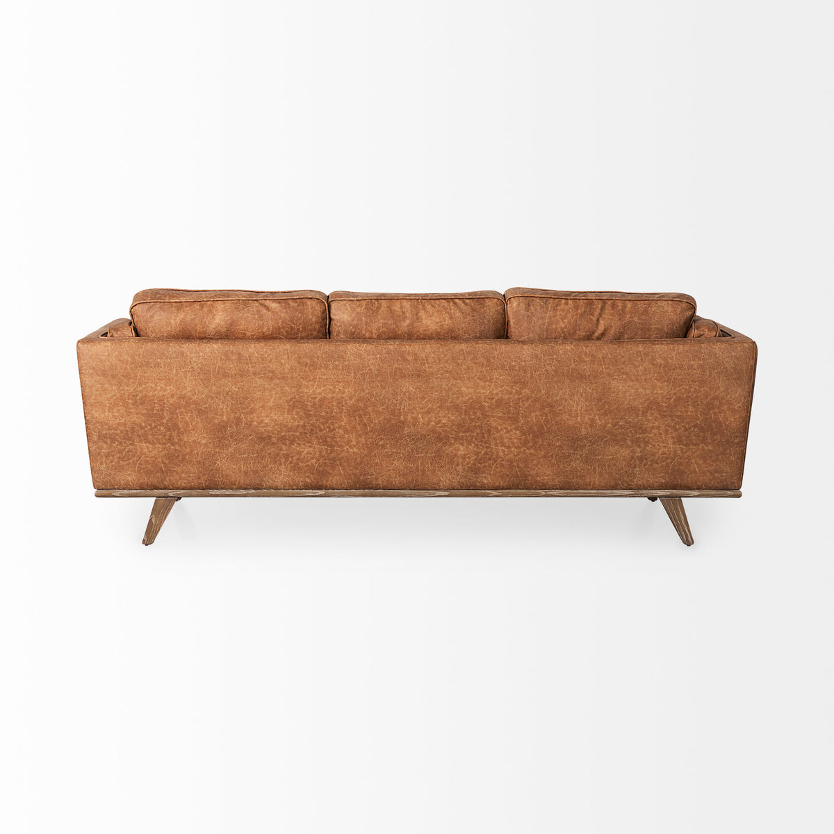 Brooks 90.2L x 34.8W x 33.5H Cognac Brown Faux Leather Three Seater Sofa W/ Medium Brown Wooden Legs-Sofa & Sectionals-DECOROLALA