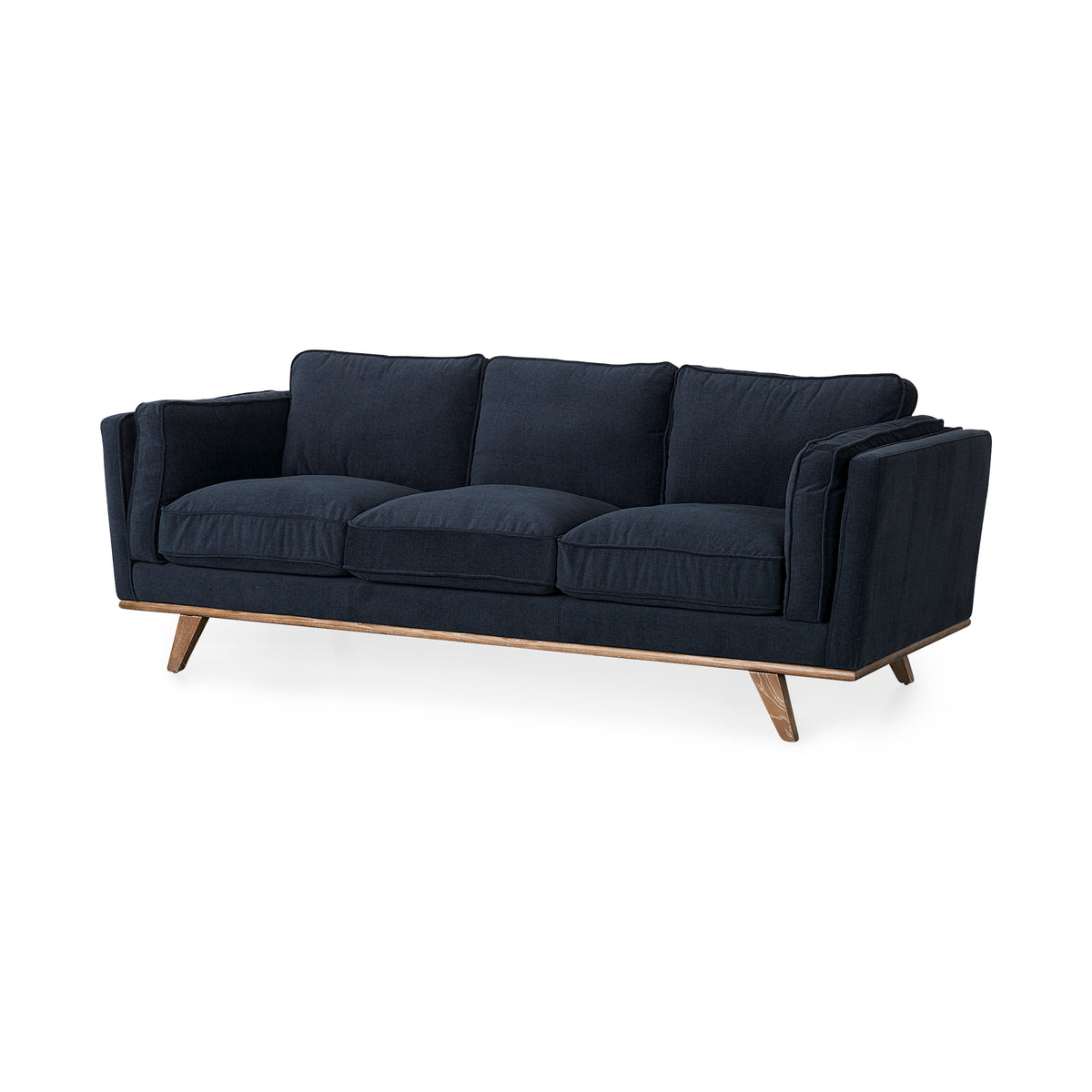 Brooks 90.2L x 34.8W x 33.5H Navy Blue Fabric Three Seater Sofa W/ Medium Brown Wooden Legs-Sofa & Sectionals-DECOROLALA