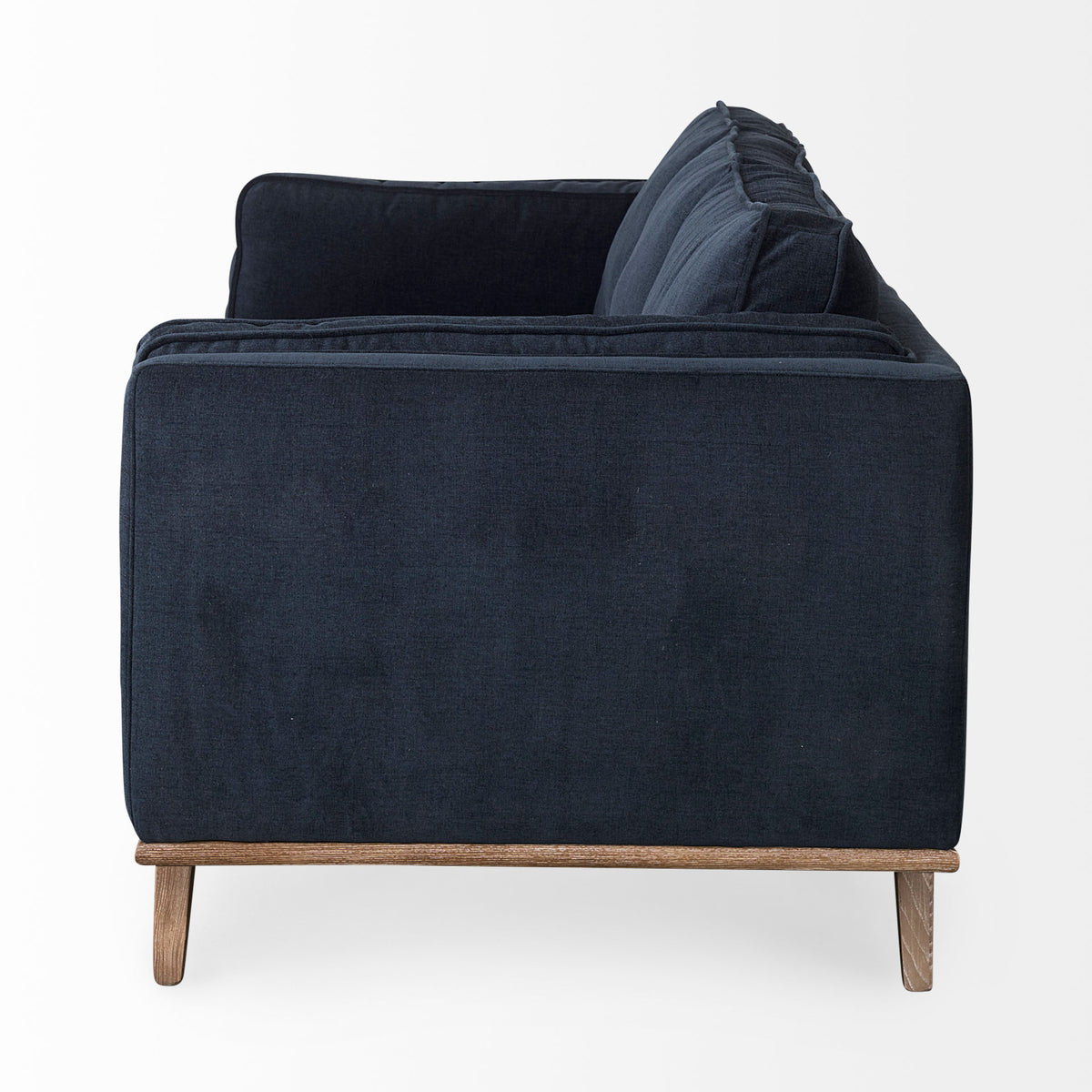 Brooks 90.2L x 34.8W x 33.5H Navy Blue Fabric Three Seater Sofa W/ Medium Brown Wooden Legs-Sofa & Sectionals-DECOROLALA
