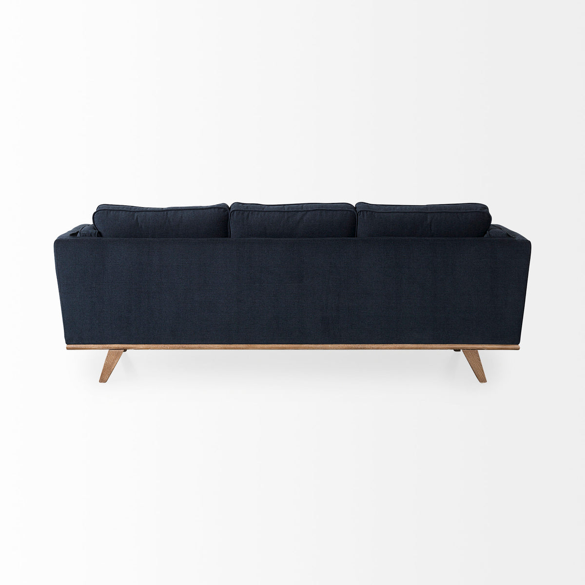 Brooks 90.2L x 34.8W x 33.5H Navy Blue Fabric Three Seater Sofa W/ Medium Brown Wooden Legs-Sofa & Sectionals-DECOROLALA