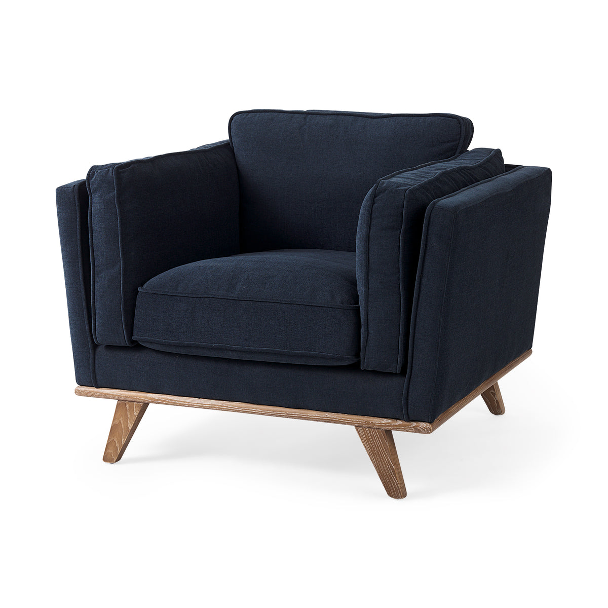 Brooks Navy Blue Fabric Armchair - Medium Brown Wood Legs-Chairs-DECOROLALA