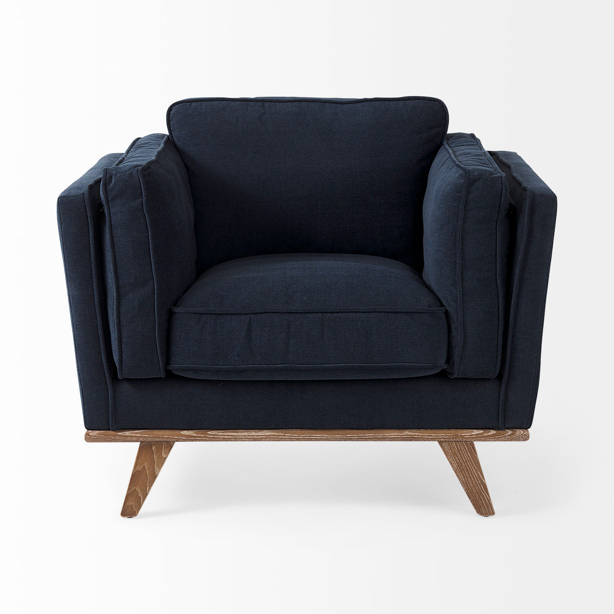 Brooks Navy Blue Fabric Armchair - Medium Brown Wood Legs-Chairs-DECOROLALA