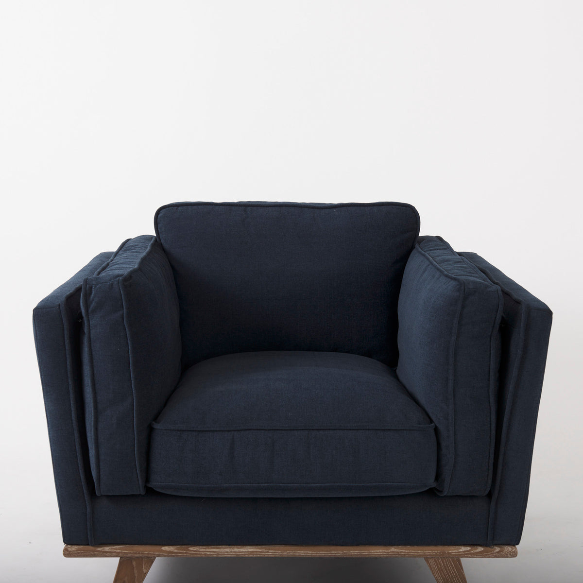 Brooks Navy Blue Fabric Armchair - Medium Brown Wood Legs-Chairs-DECOROLALA