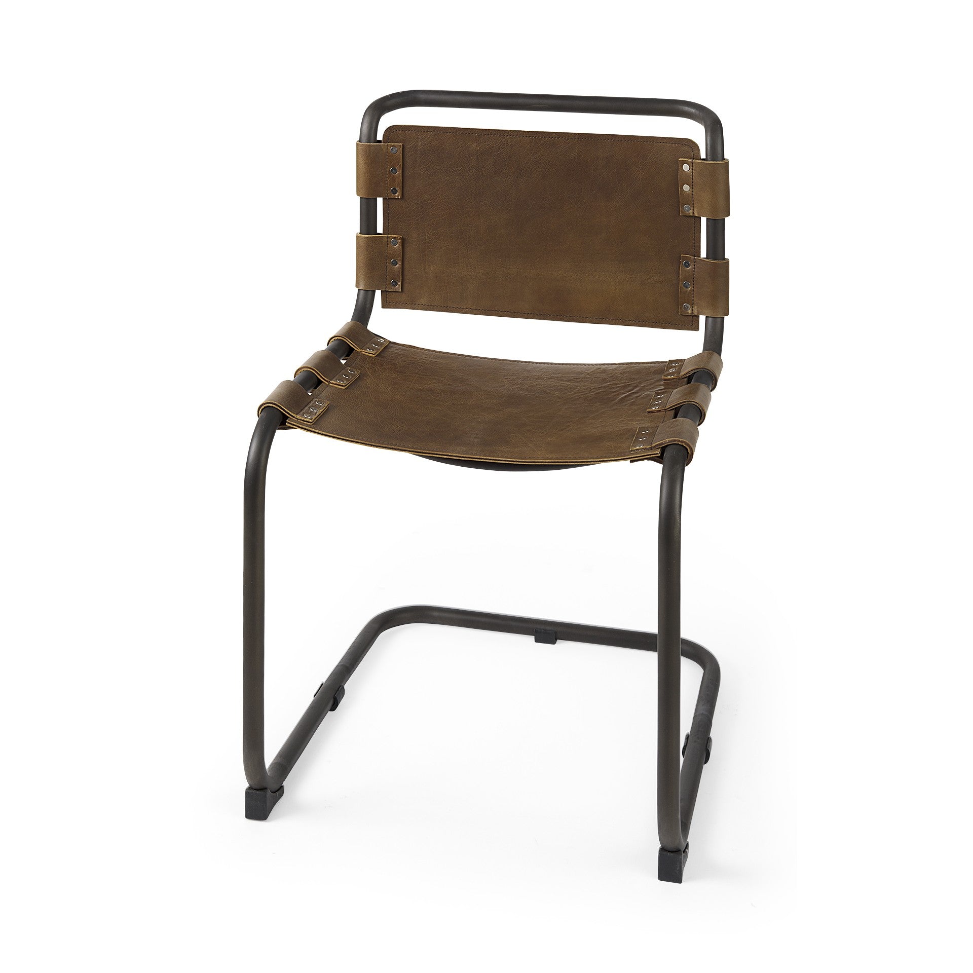 Brown And Black Leather Metal Open Back Dining Side Chair-Dining Chairs-DECOROLALA
