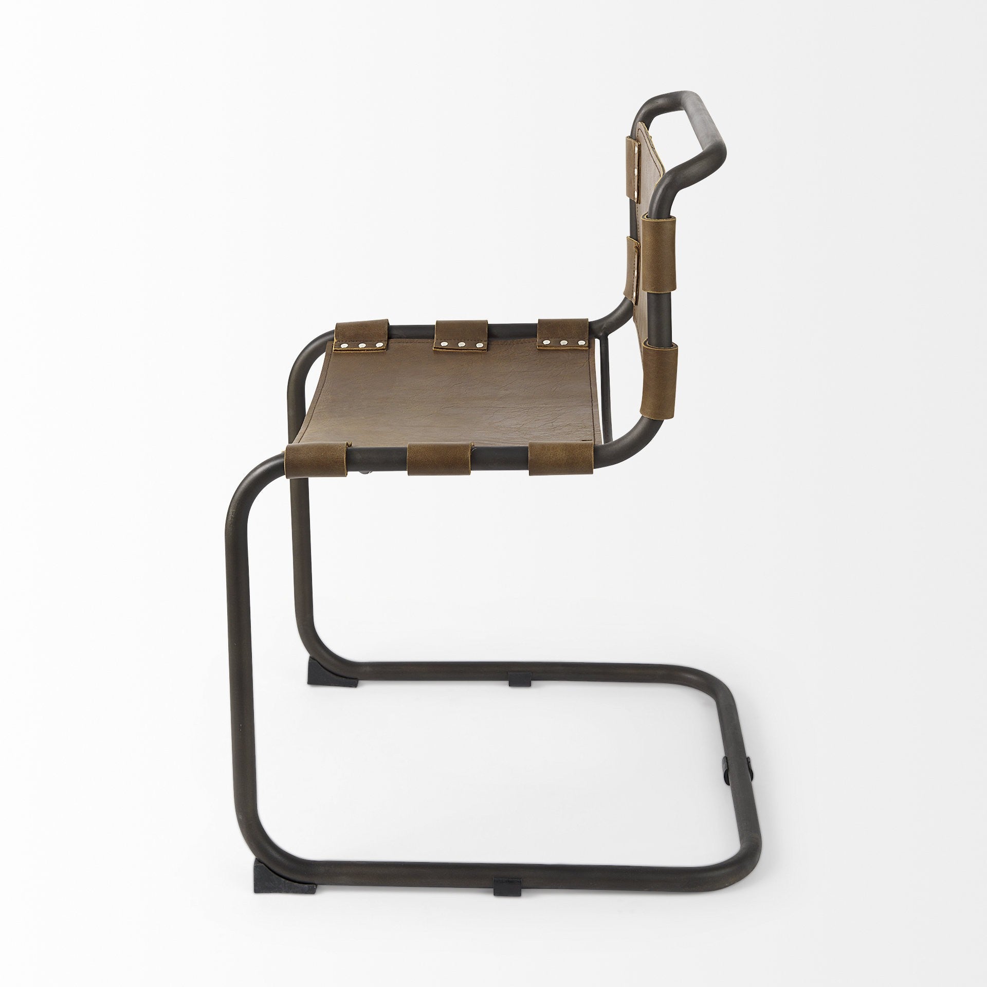 Brown And Black Leather Metal Open Back Dining Side Chair-Dining Chairs-DECOROLALA