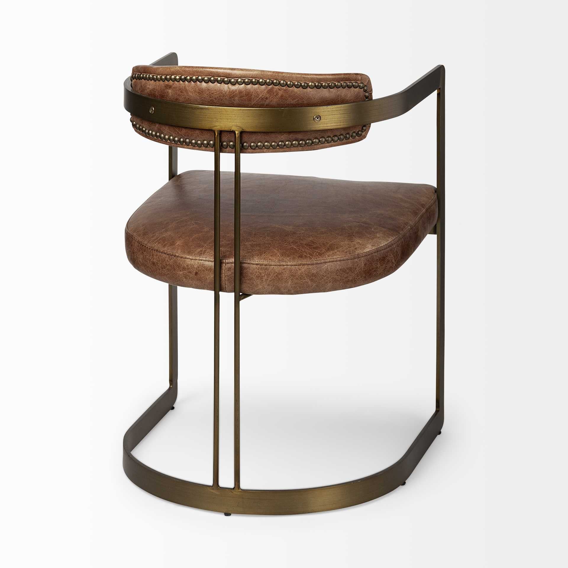 Brown And Gold Upholstered Leather Open Back Dining Arm Chair-Dining Chairs-DECOROLALA