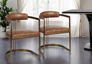 Brown And Gold Upholstered Leather Open Back Dining Arm Chair-Dining Chairs-DECOROLALA