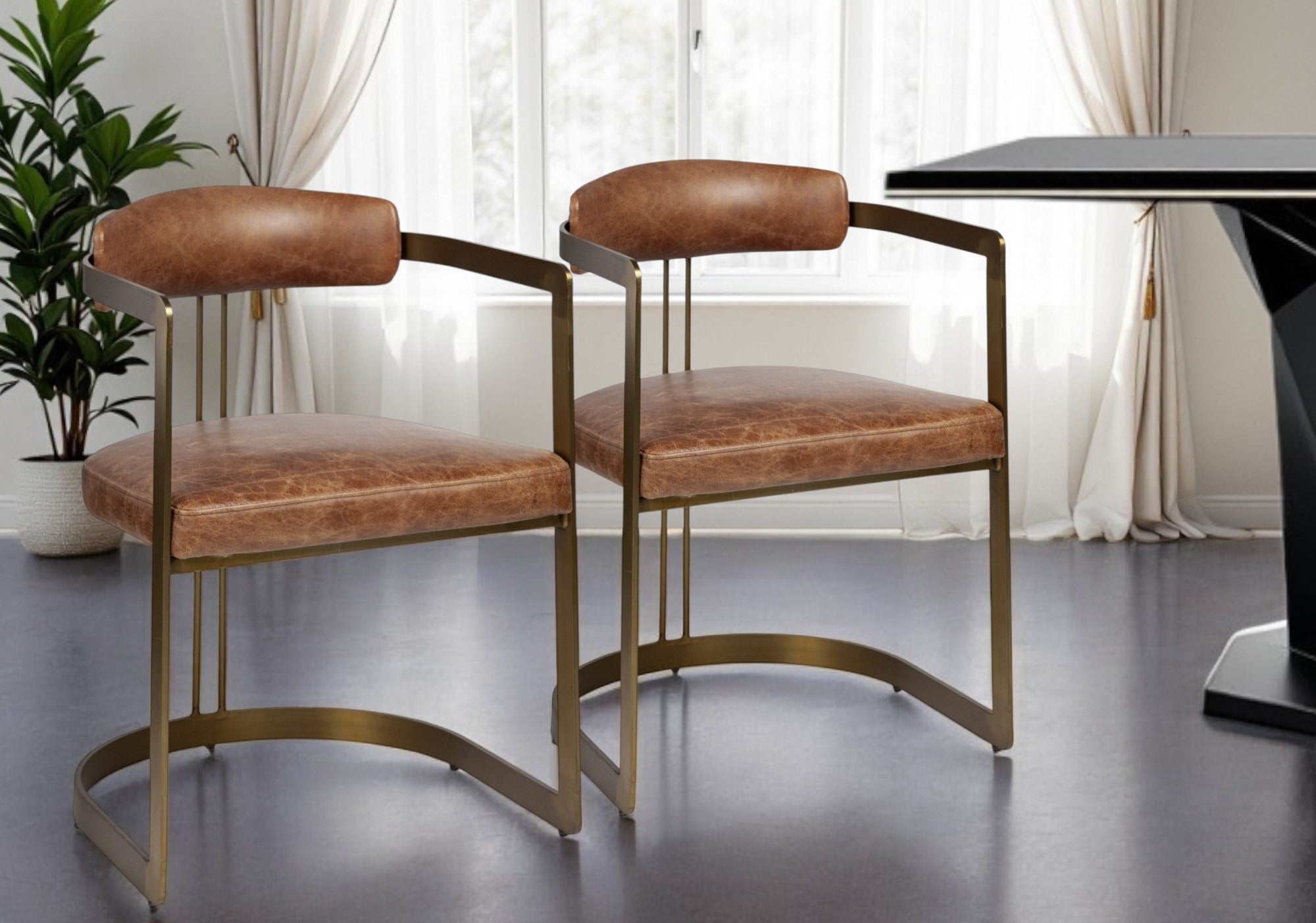 Brown And Gold Upholstered Leather Open Back Dining Arm Chair-Dining Chairs-DECOROLALA