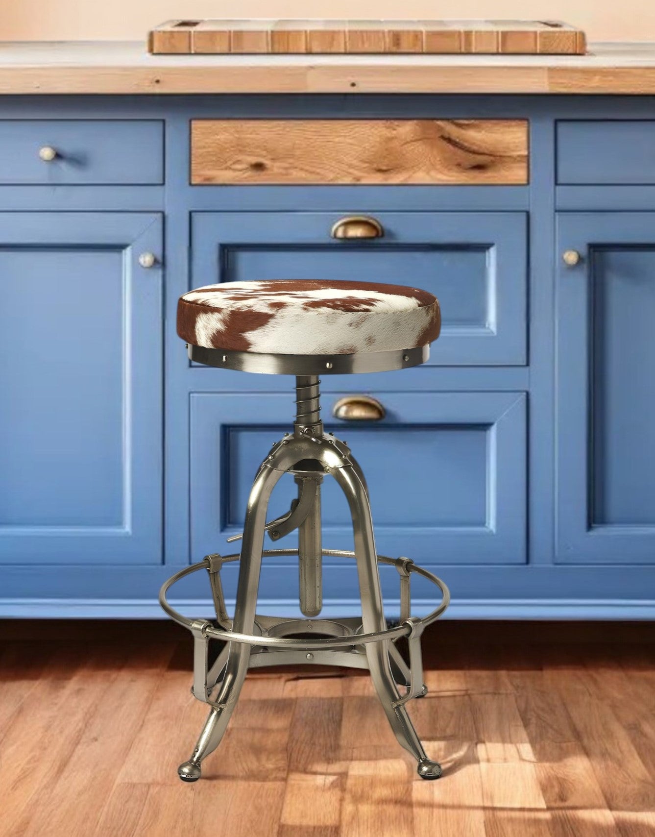 Brown And White and Silver Iron Backless Swivel Bar Chair-Bar Chairs-DECOROLALA