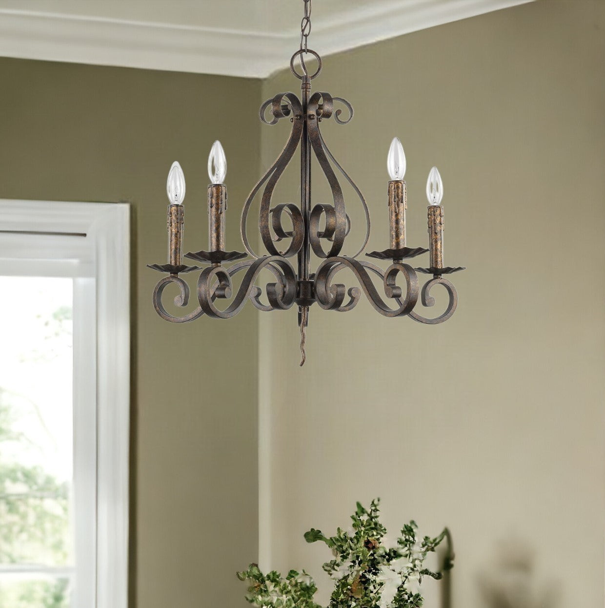 Brown Candle Style Five Light Metal Dimmable Chandelier-Chandeliers-DECOROLALA