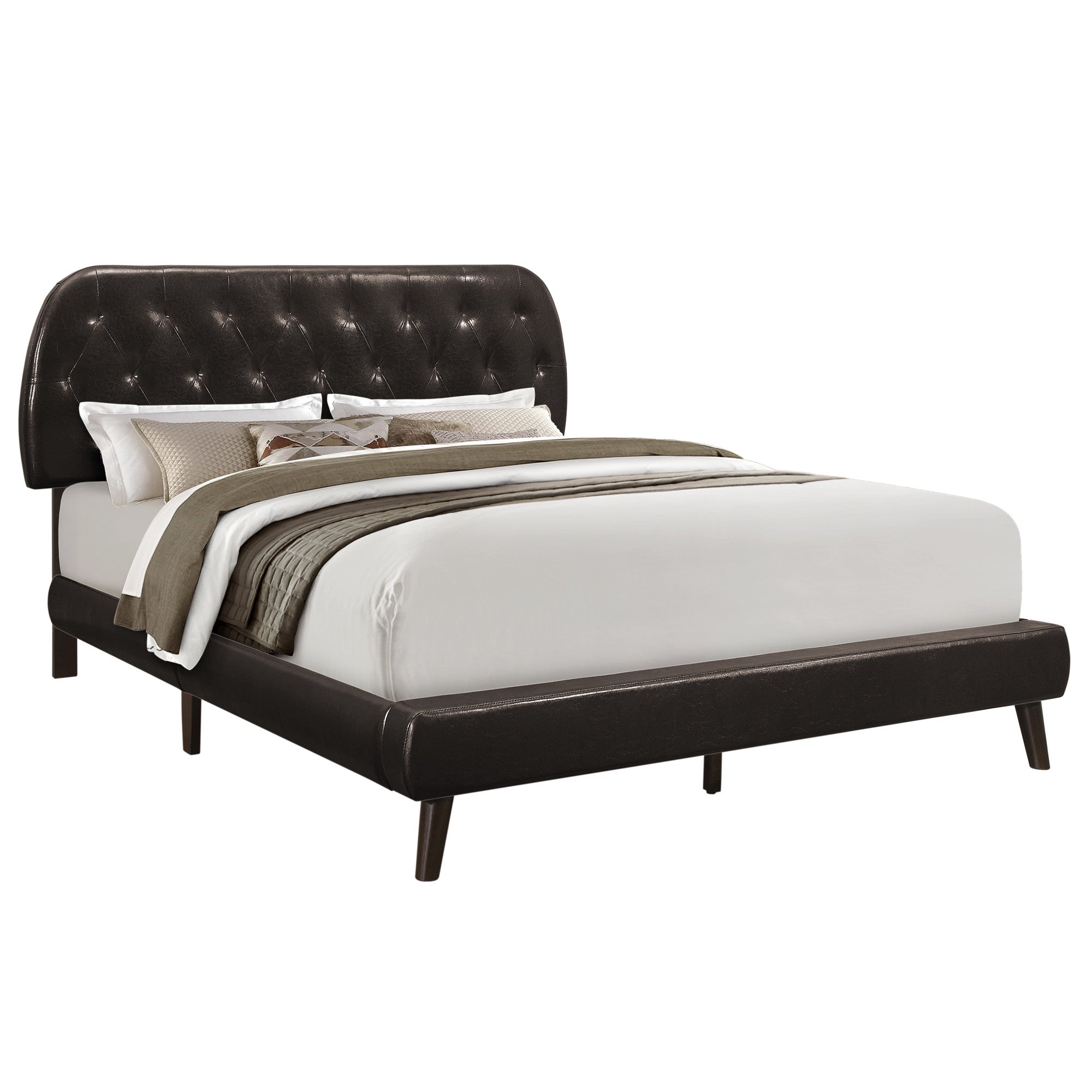 Brown Queen Tufted Upholstered Faux Leather Bed Frame-Standard Beds-DECOROLALA