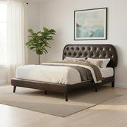 Brown Queen Tufted Upholstered Faux Leather Bed Frame-Standard Beds-DECOROLALA