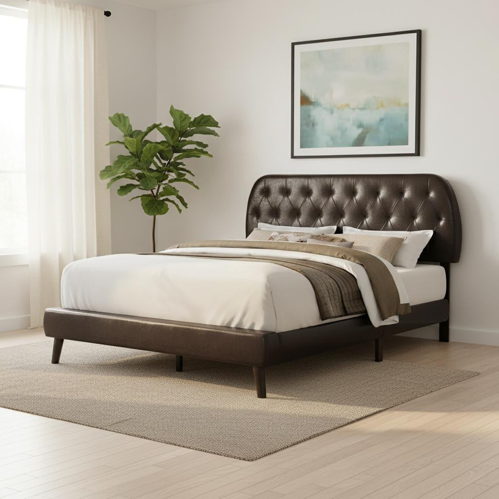 Brown Queen Tufted Upholstered Faux Leather Bed Frame-Standard Beds-DECOROLALA