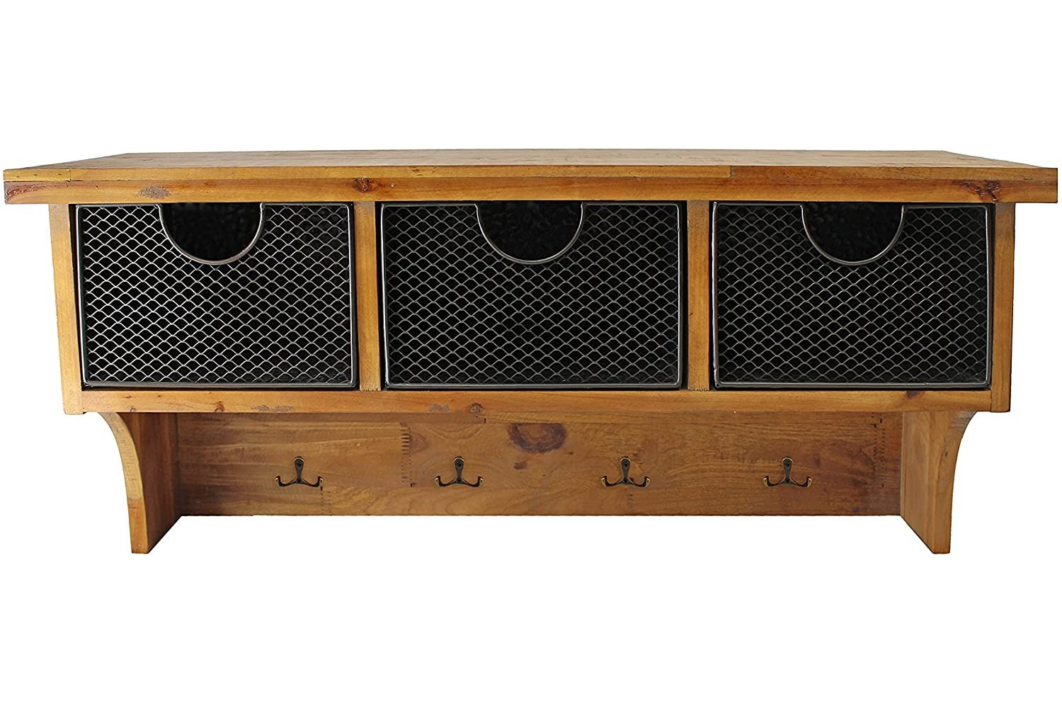 Brown Rustic Wooden Wall Shelf With 3 Drawers And Hooks-Wall Mounted Shelves-DECOROLALA