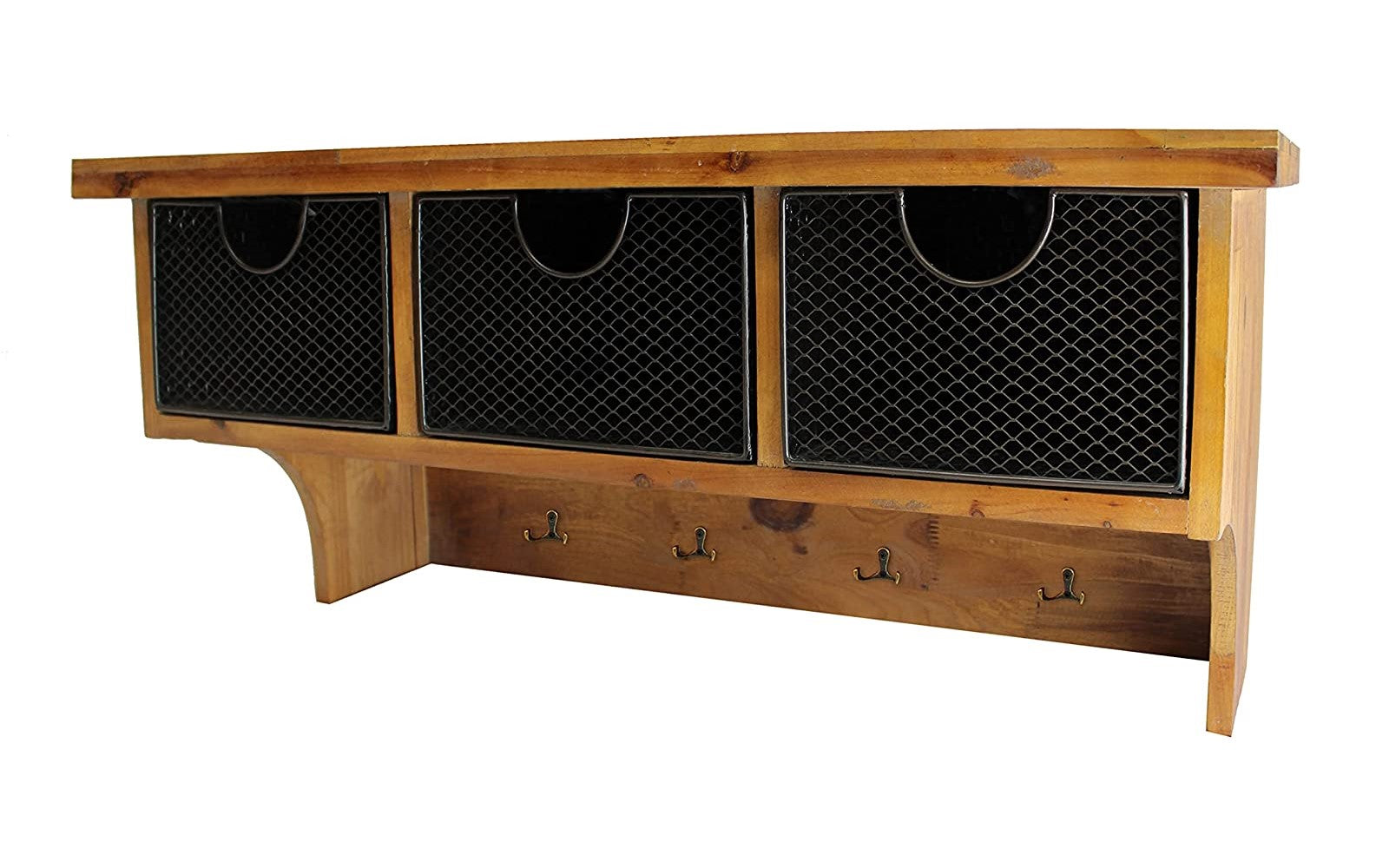 Brown Rustic Wooden Wall Shelf With 3 Drawers And Hooks-Wall Mounted Shelves-DECOROLALA