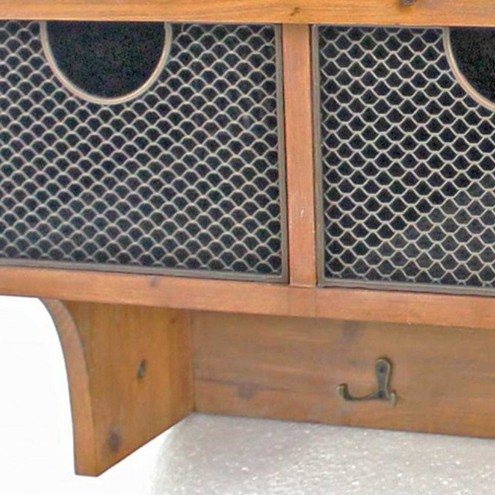 Brown Rustic Wooden Wall Shelf With 3 Drawers And Hooks-Wall Mounted Shelves-DECOROLALA