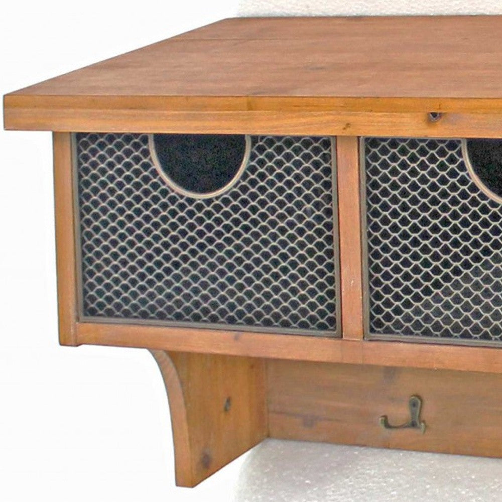 Brown Rustic Wooden Wall Shelf With 3 Drawers And Hooks-Wall Mounted Shelves-DECOROLALA