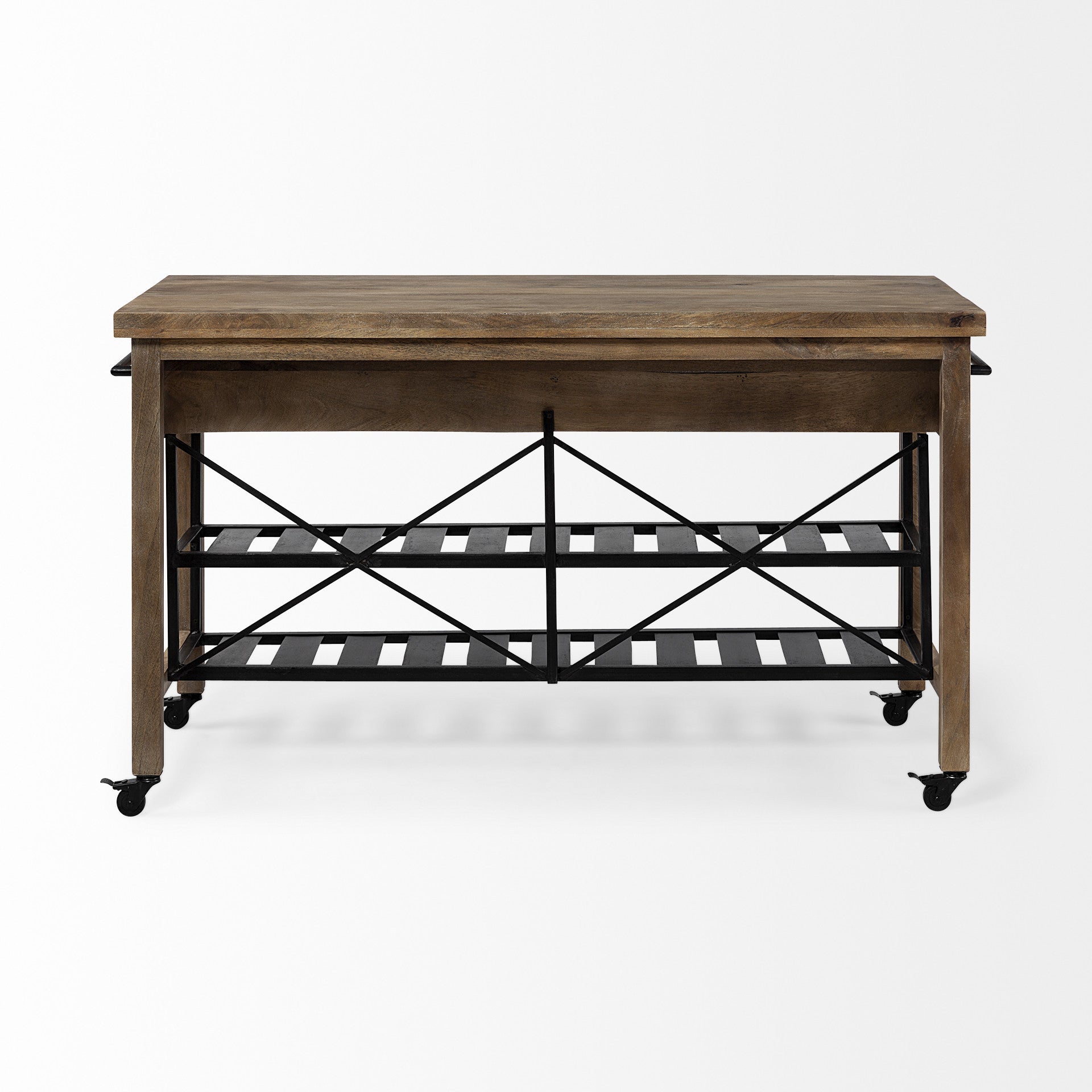 Brown Solid Wood Top Kitchen Island With Two Tier Black Metal Rolling-Kitchen Carts-Islands-DECOROLALA