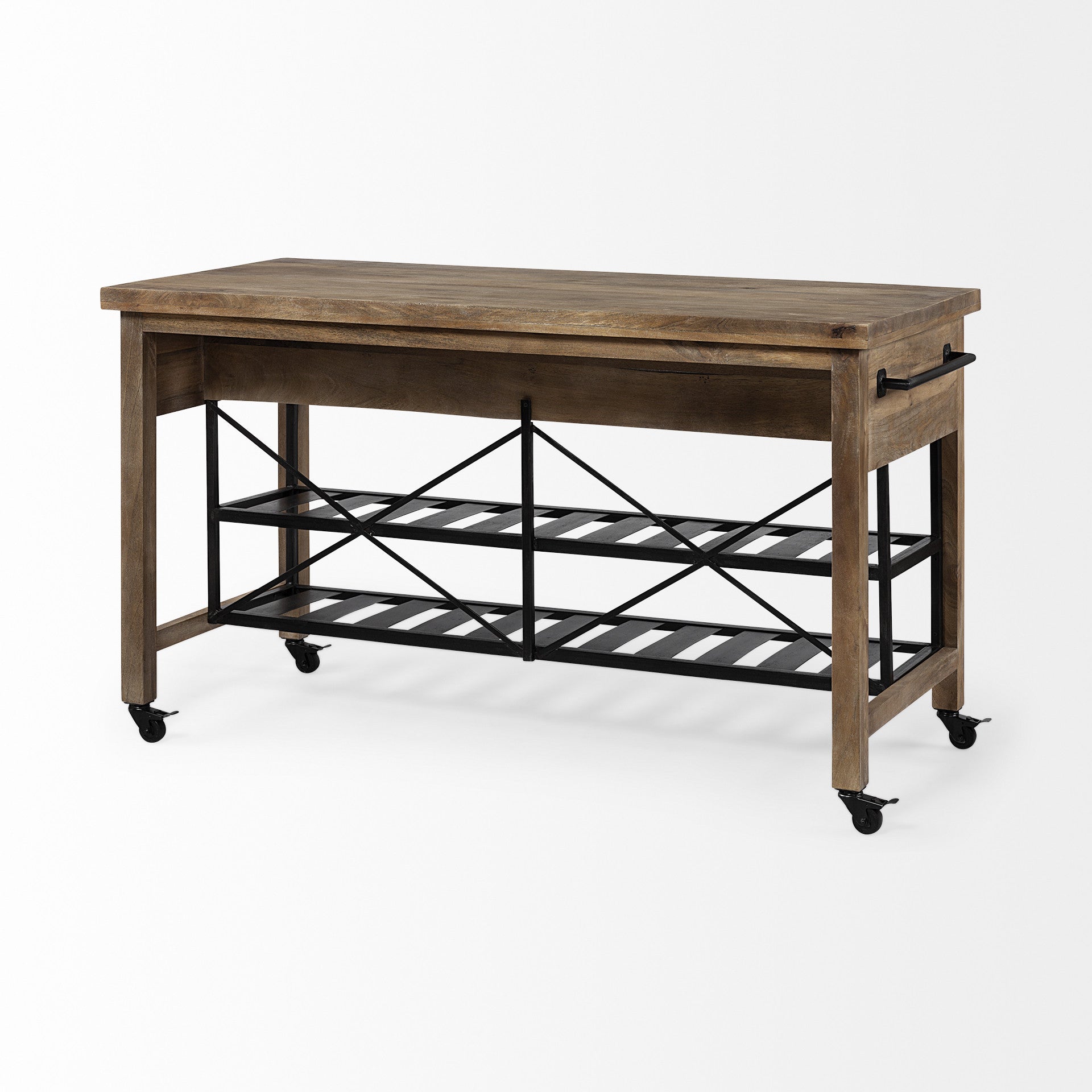 Brown Solid Wood Top Kitchen Island With Two Tier Black Metal Rolling-Kitchen Carts-Islands-DECOROLALA