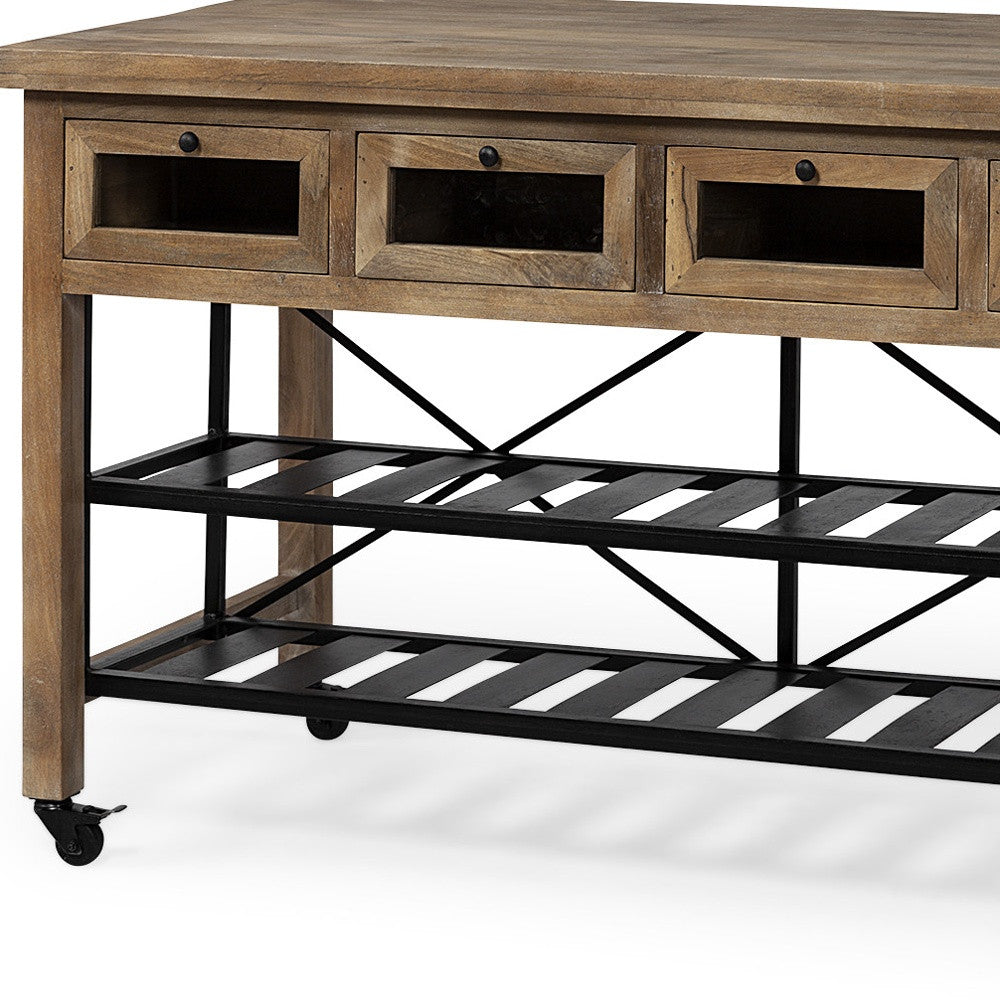 Brown Solid Wood Top Kitchen Island With Two Tier Black Metal Rolling-Kitchen Carts-Islands-DECOROLALA