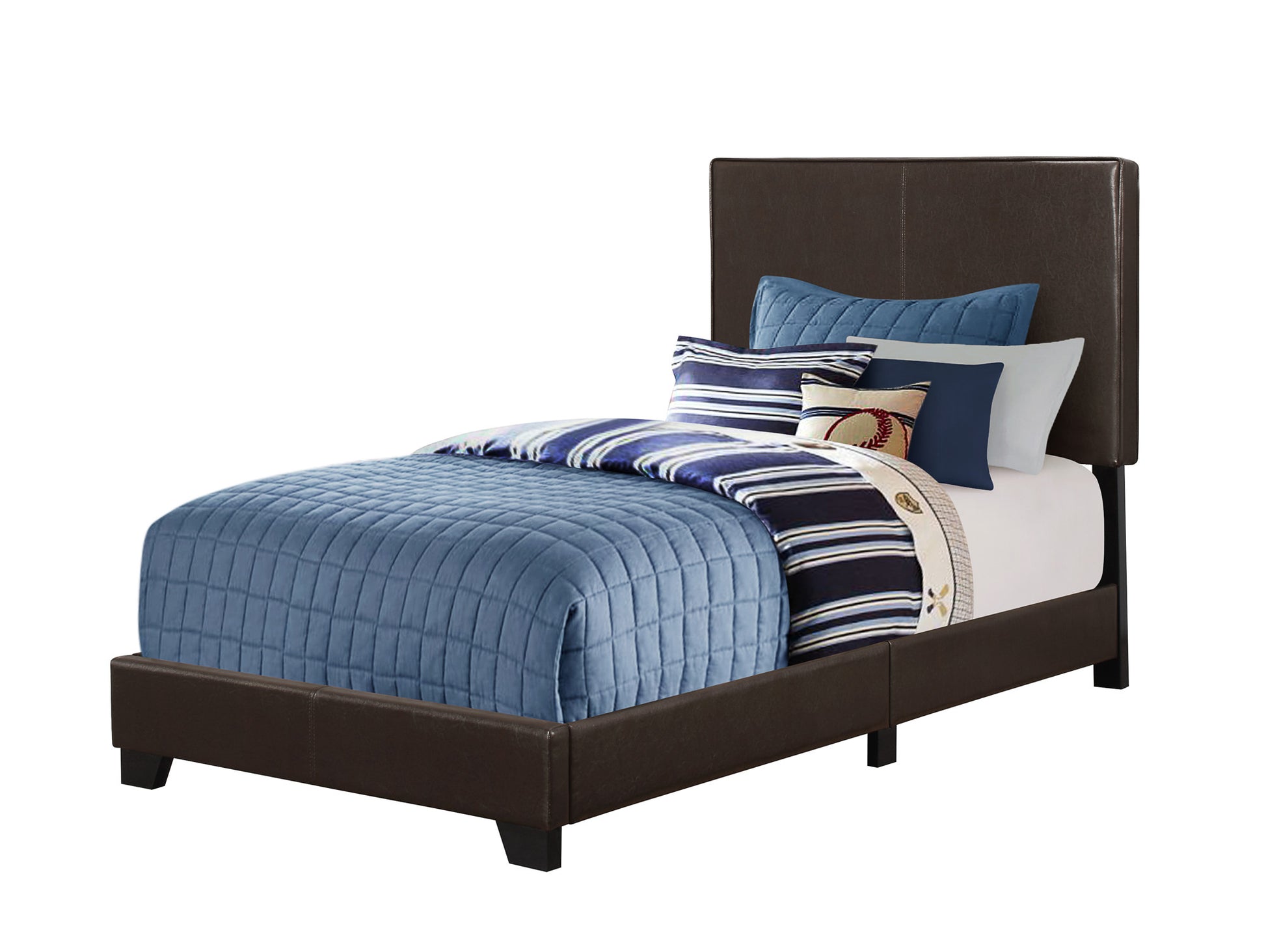 Brown Solid Wood Twin Upholstered Faux Leather Bed Frame-Standard Beds-DECOROLALA