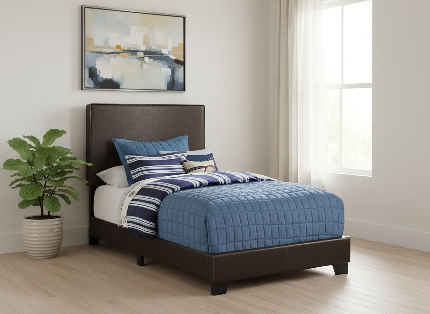 Brown Solid Wood Twin Upholstered Faux Leather Bed Frame-Standard Beds-DECOROLALA