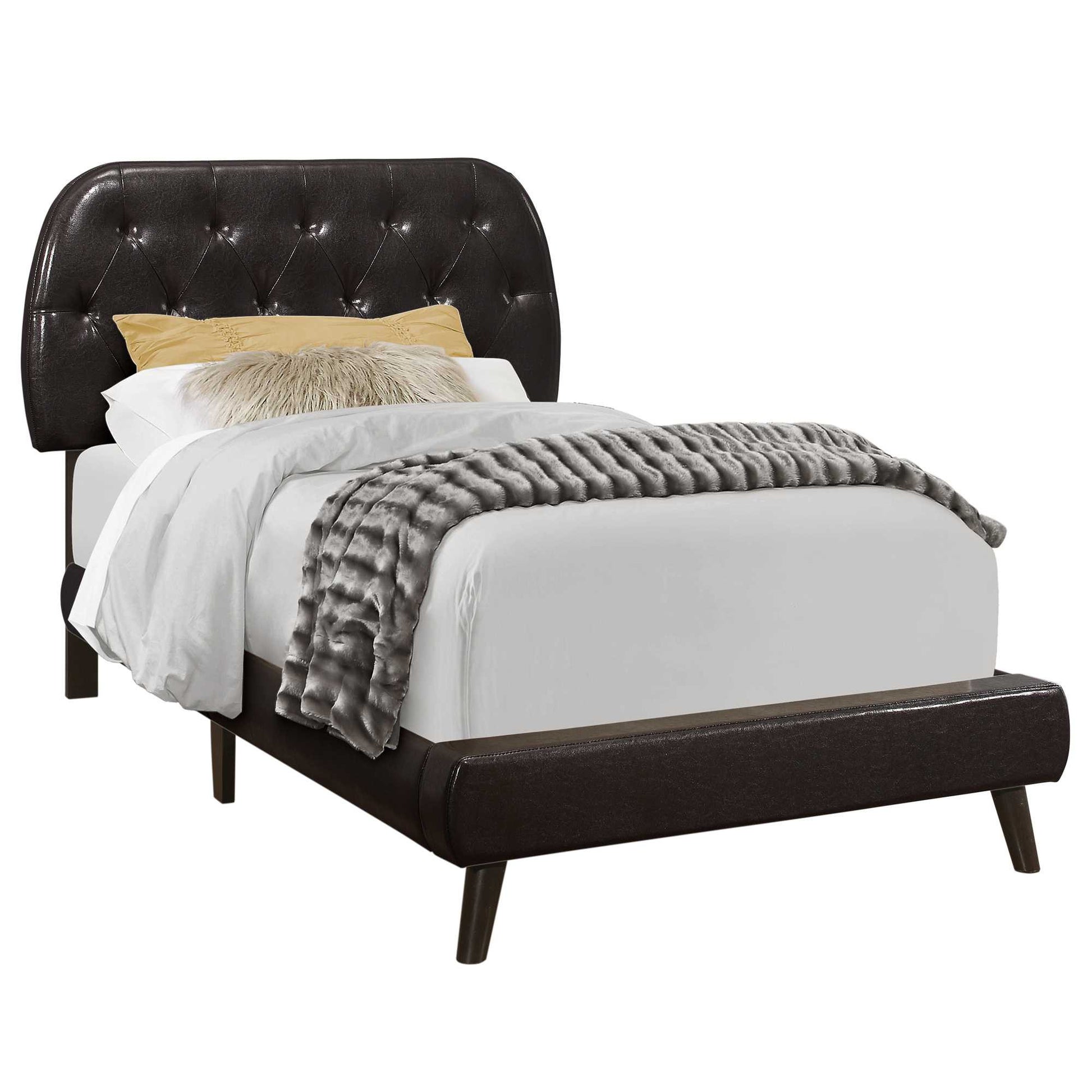 Brown Twin Tufted Upholstered Faux Leather Bed Frame-Standard Beds-DECOROLALA