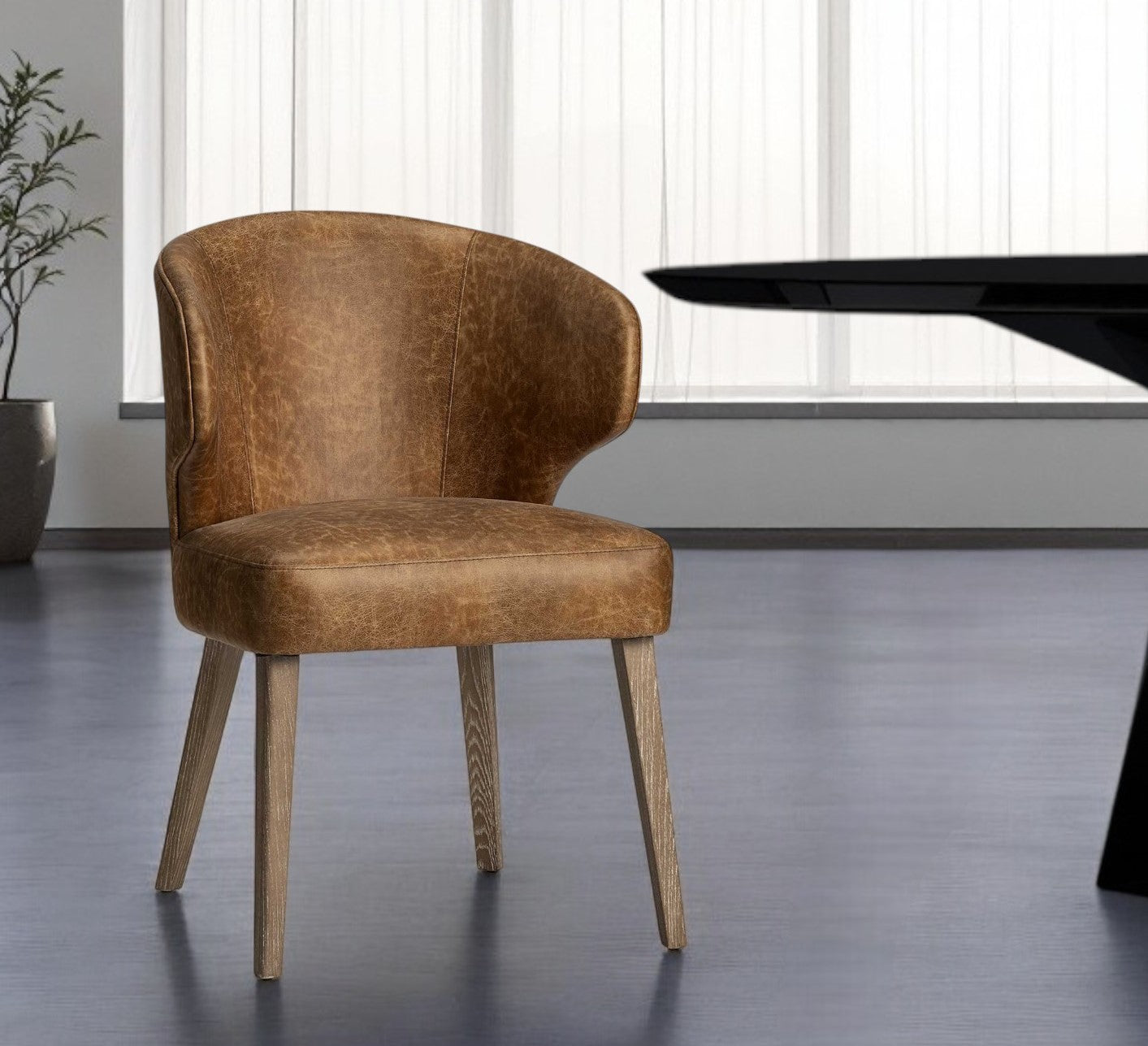 Brown Upholstered Leather Curved Back Dining Arm Chair-Dining Chairs-DECOROLALA