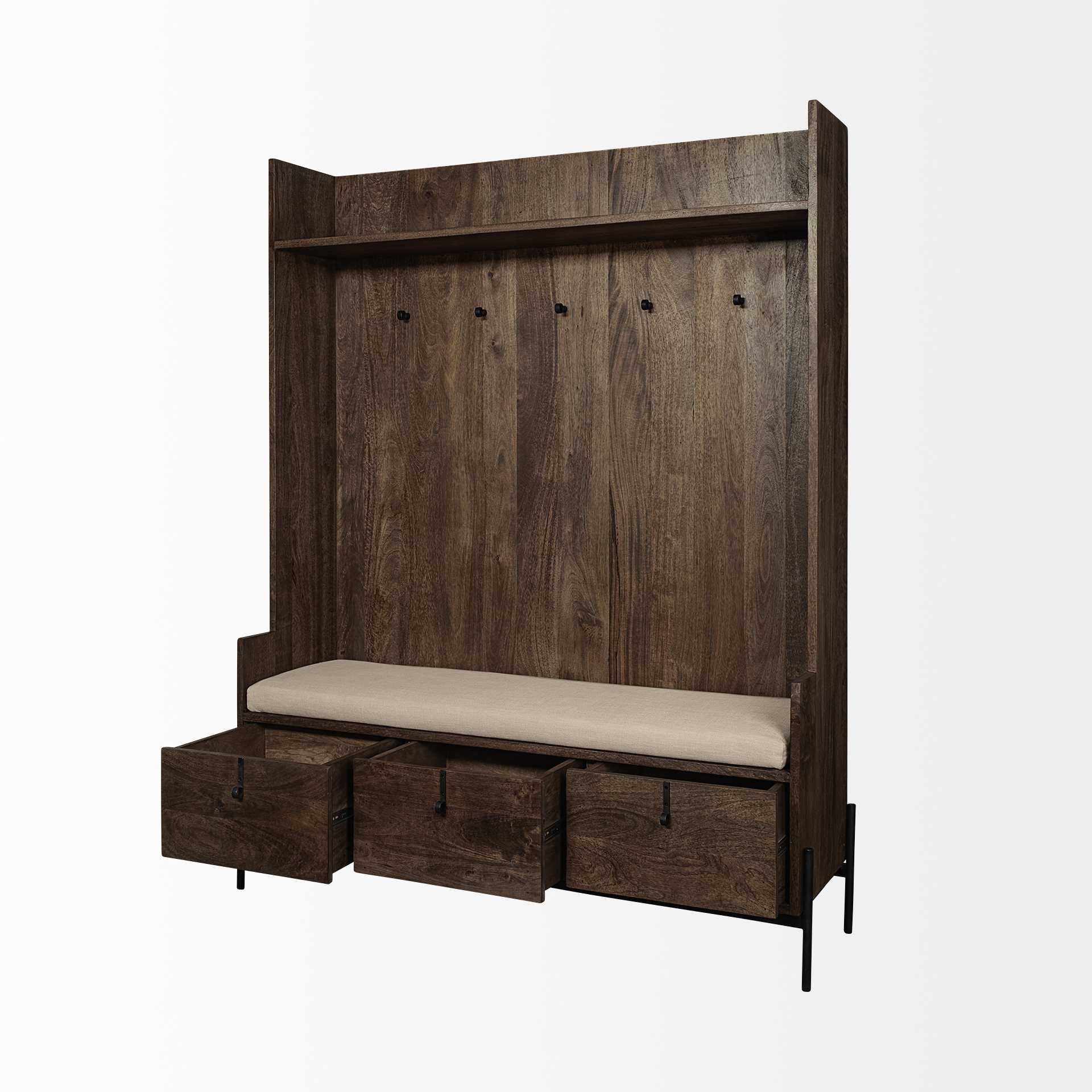 Brown Wood Cream Fabric Wrapped Seat Hall Tree With Storage-Coat Hangers-DECOROLALA